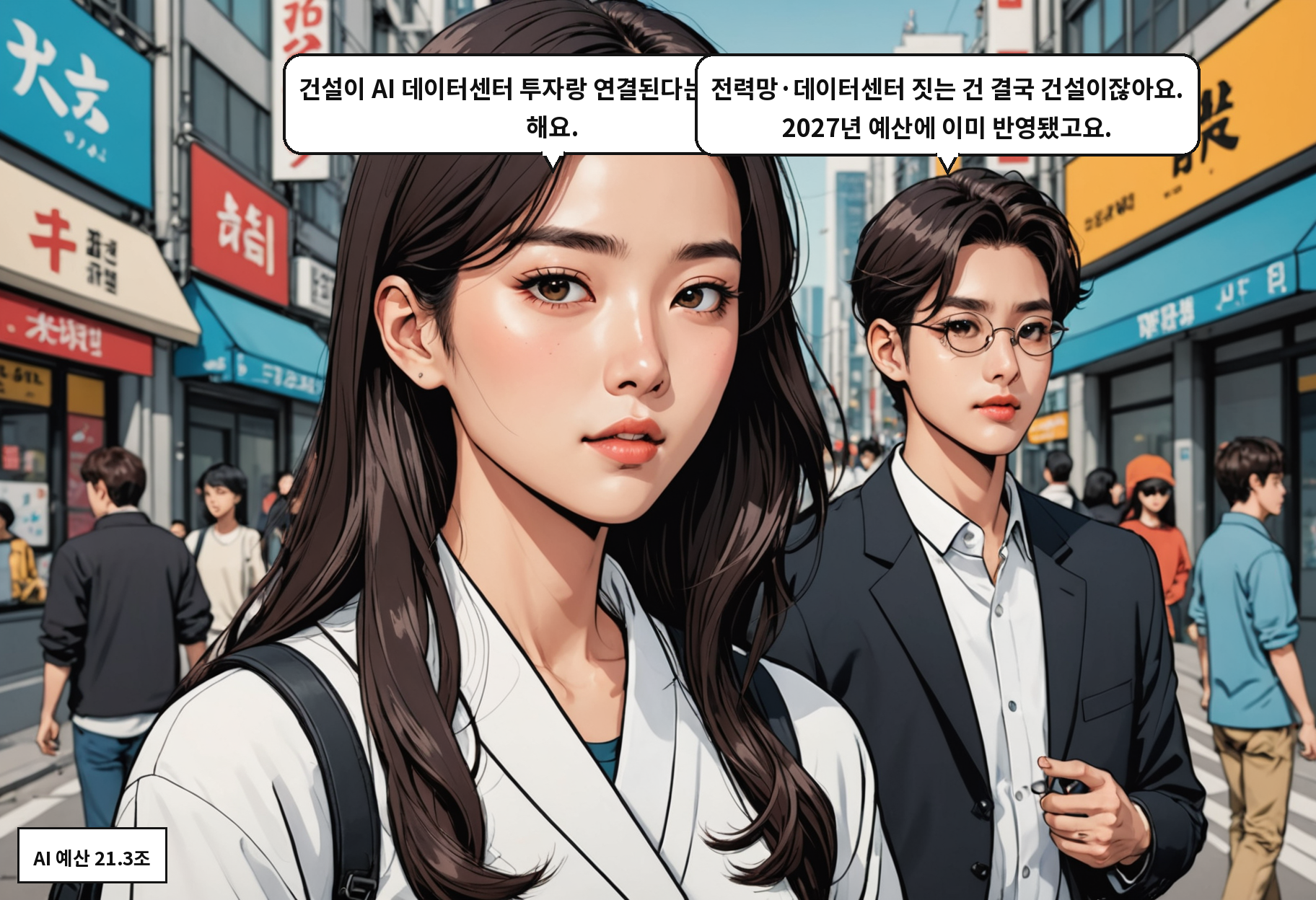 B: 건설이 AI 데이터센터 투자랑 연결된다는 게 낯설긴 해요. A: 전력망·데이터센터 짓는 건 결국 건설이잖아요. 2027년 예산에 이미 반영됐고요.