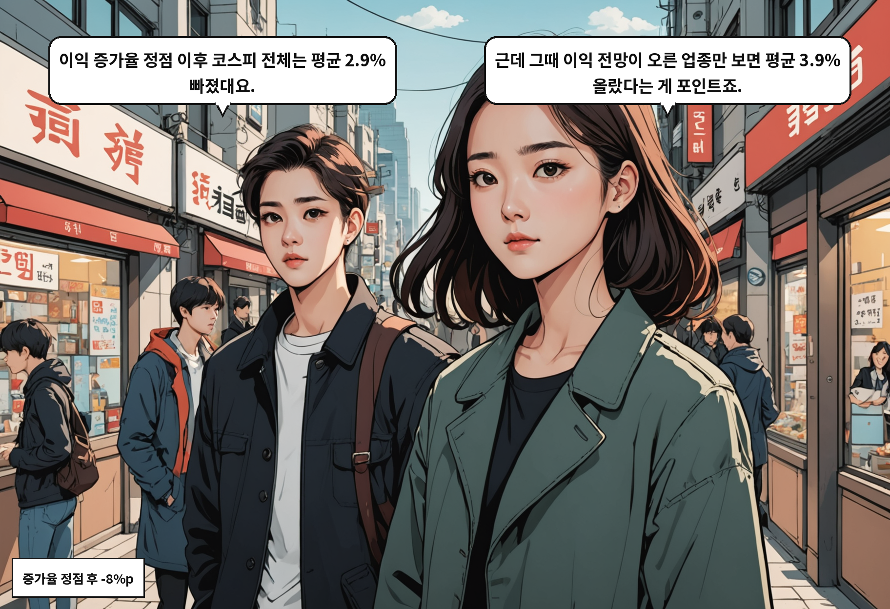 B: 이익 증가율 정점 이후 코스피 전체는 평균 2.9% 빠졌대요. A: 근데 그때 이익 전망이 오른 업종만 보면 평균 3.9% 올랐다는 게 포인트죠.