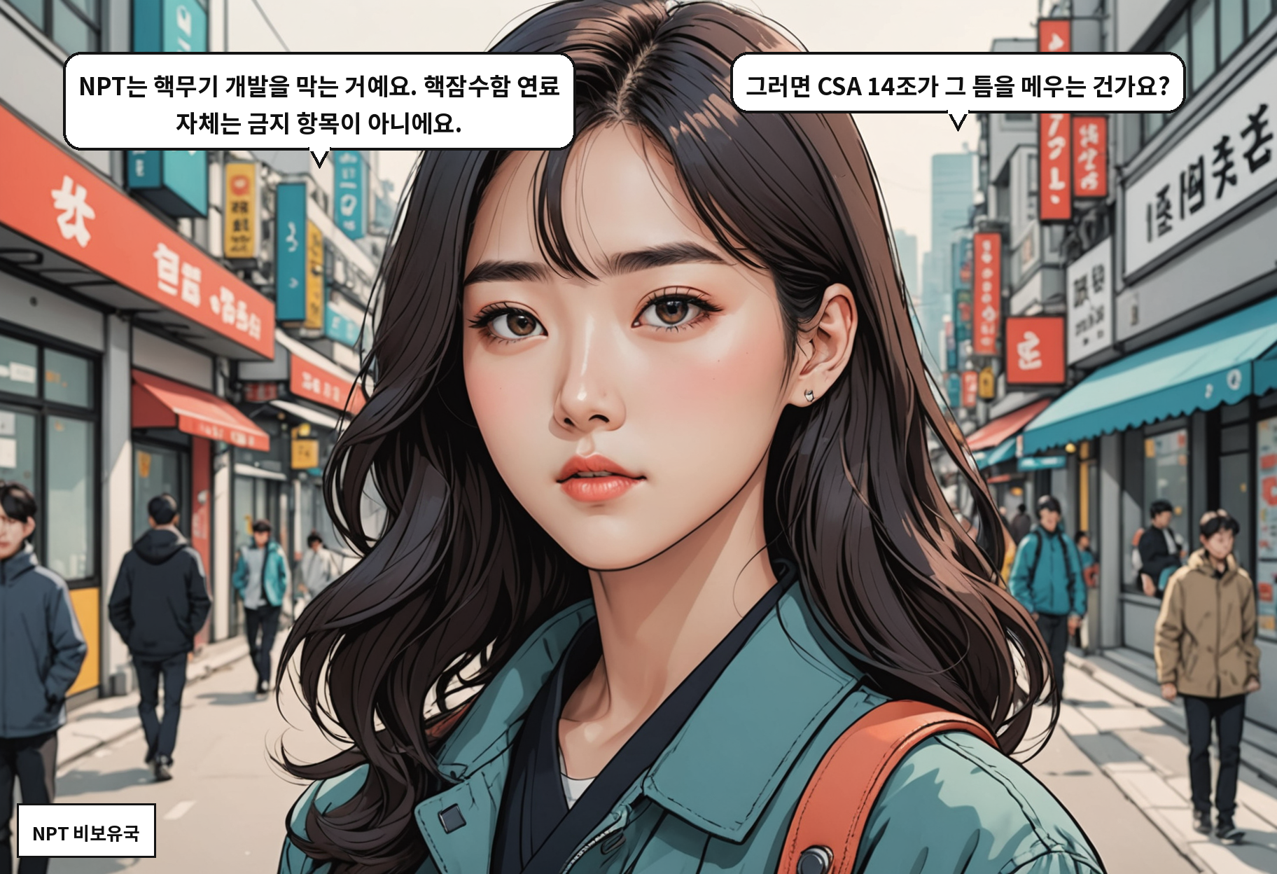 B: NPT는 핵무기 개발을 막는 거예요. 핵잠수함 연료 자체는 금지 항목이 아니에요. A: 그러면 CSA 14조가 그 틈을 메우는 건가요?
