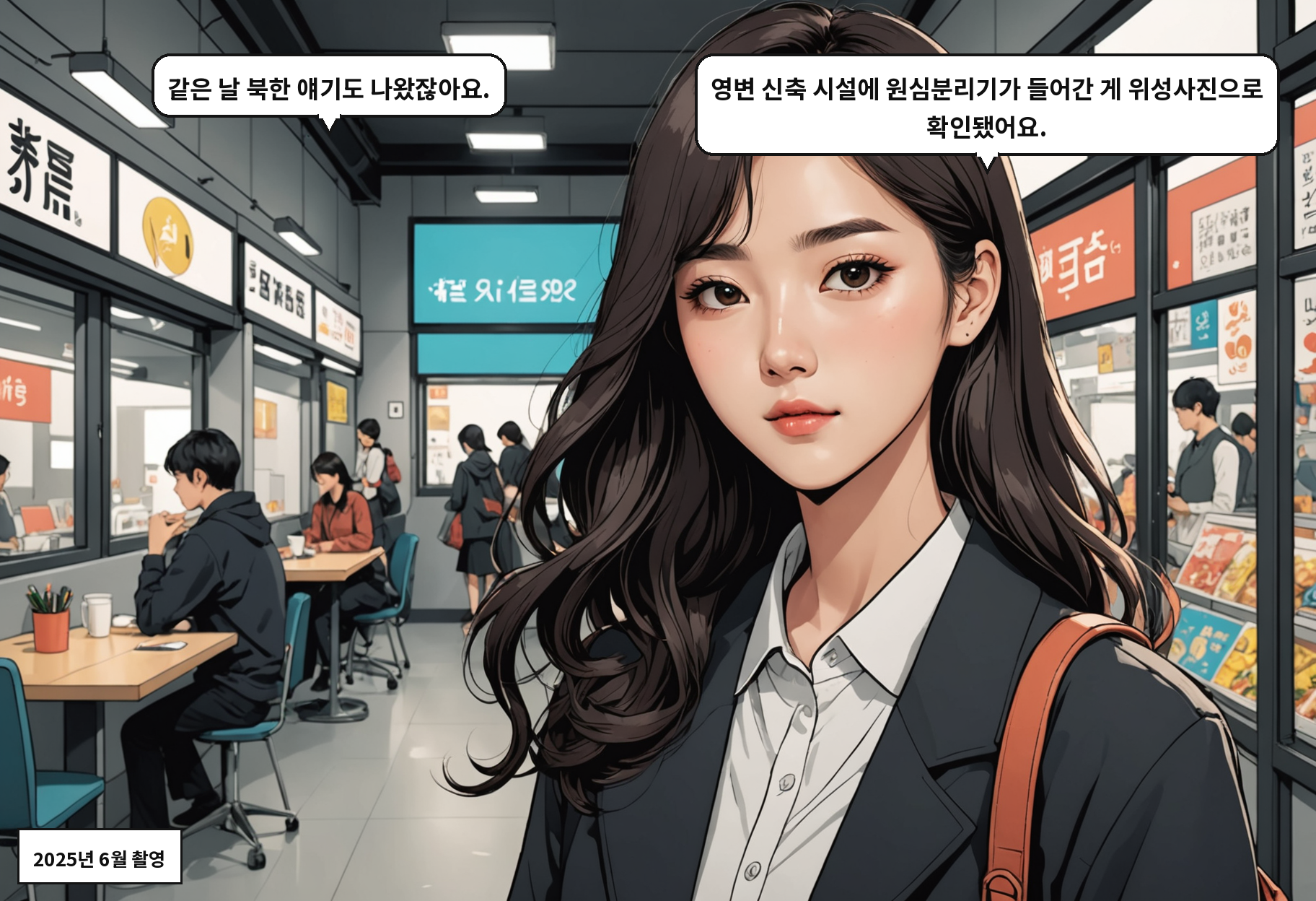 A: 같은 날 북한 얘기도 나왔잖아요. B: 영변 신축 시설에 원심분리기가 들어간 게 위성사진으로 확인됐어요.