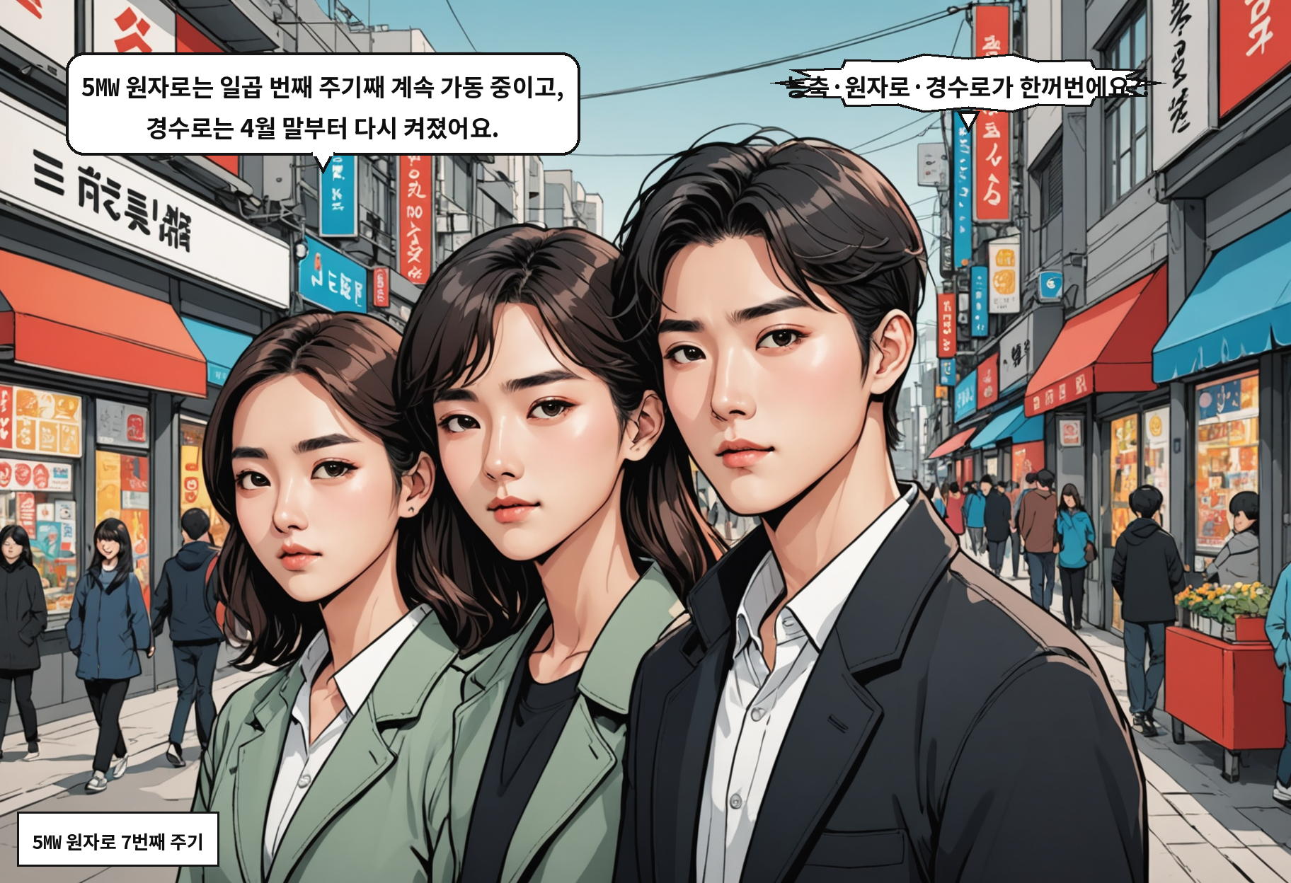B: 5㎿ 원자로는 일곱 번째 주기째 계속 가동 중이고, 경수로는 4월 말부터 다시 켜졌어요. A: 농축·원자로·경수로가 한꺼번에요?!