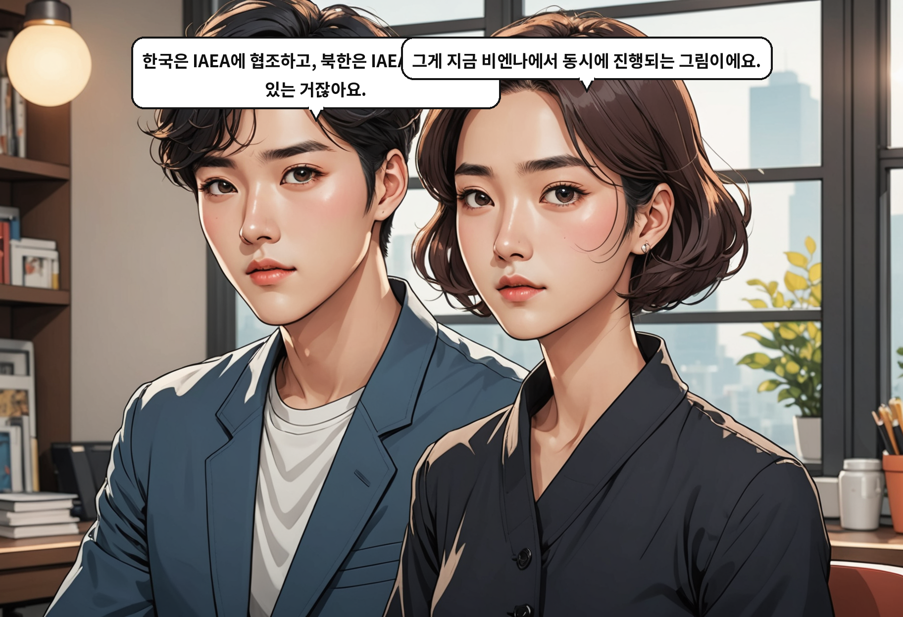 A: 한국은 IAEA에 협조하고, 북한은 IAEA를 무시하고 있는 거잖아요. B: 그게 지금 비엔나에서 동시에 진행되는 그림이에요.