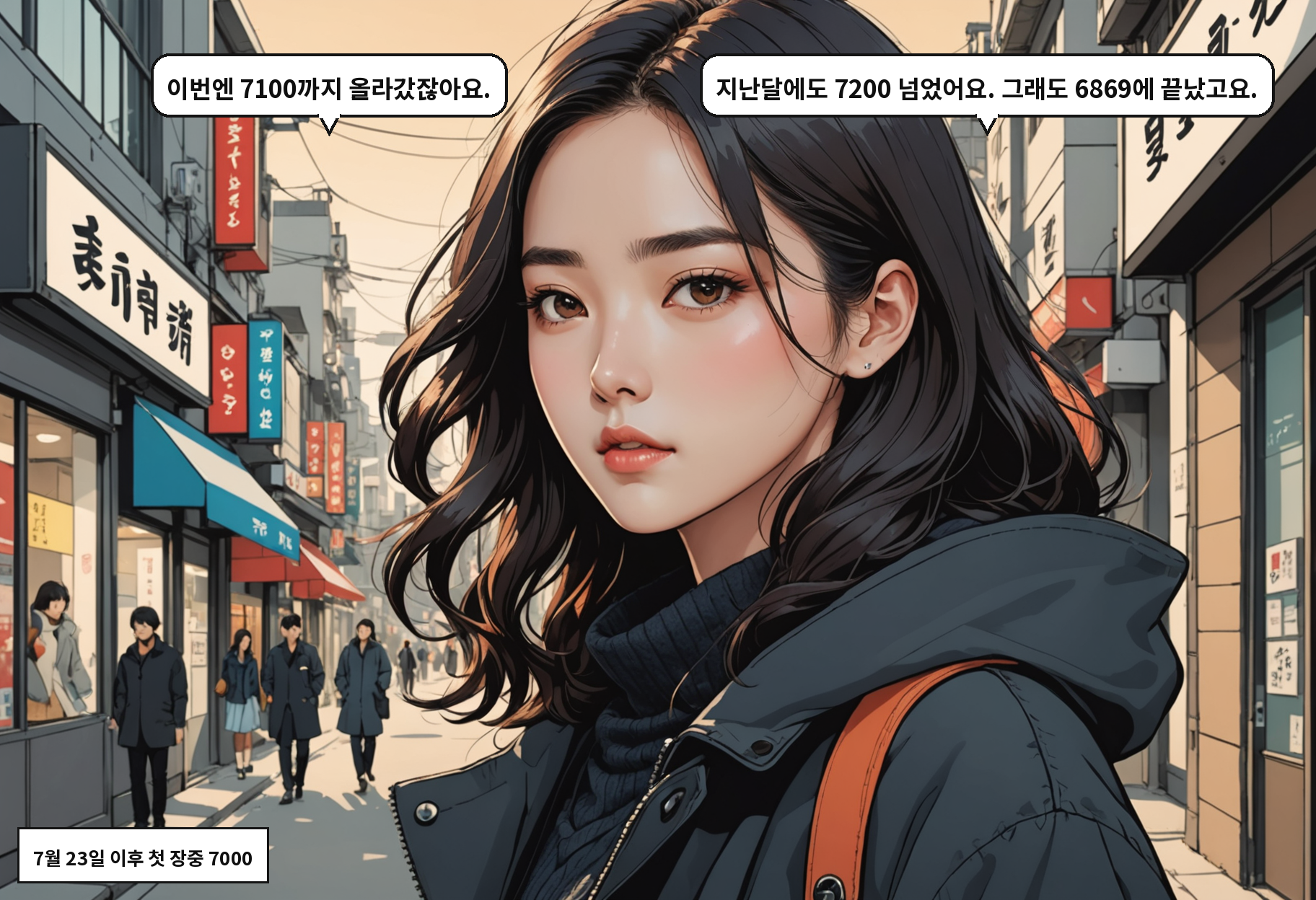B: 이번엔 7100까지 올라갔잖아요. A: 지난달에도 7200 넘었어요. 그래도 6869에 끝났고요.