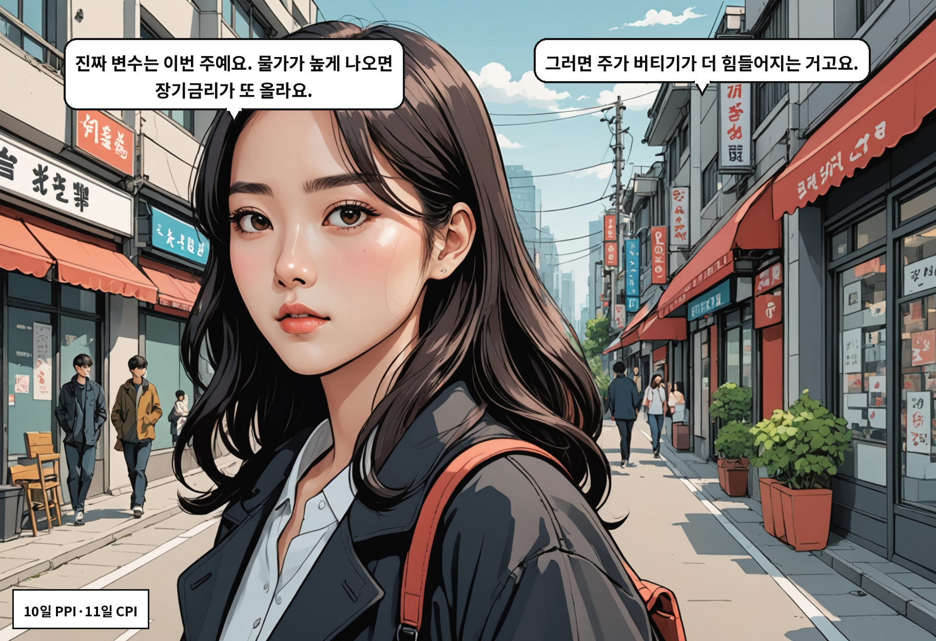 A: 진짜 변수는 이번 주예요. 물가가 높게 나오면 장기금리가 또 올라요. B: 그러면 주가 버티기가 더 힘들어지는 거고요.