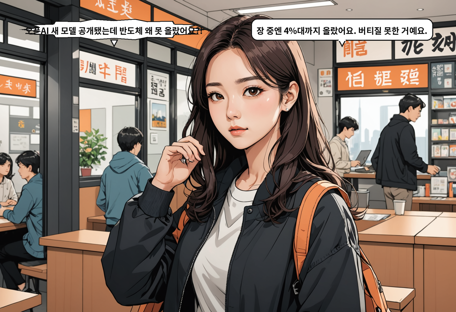B: 오픈AI 새 모델 공개됐는데 반도체 왜 못 올랐어요?! A: 장 중엔 4%대까지 올랐어요. 버티질 못한 거예요.