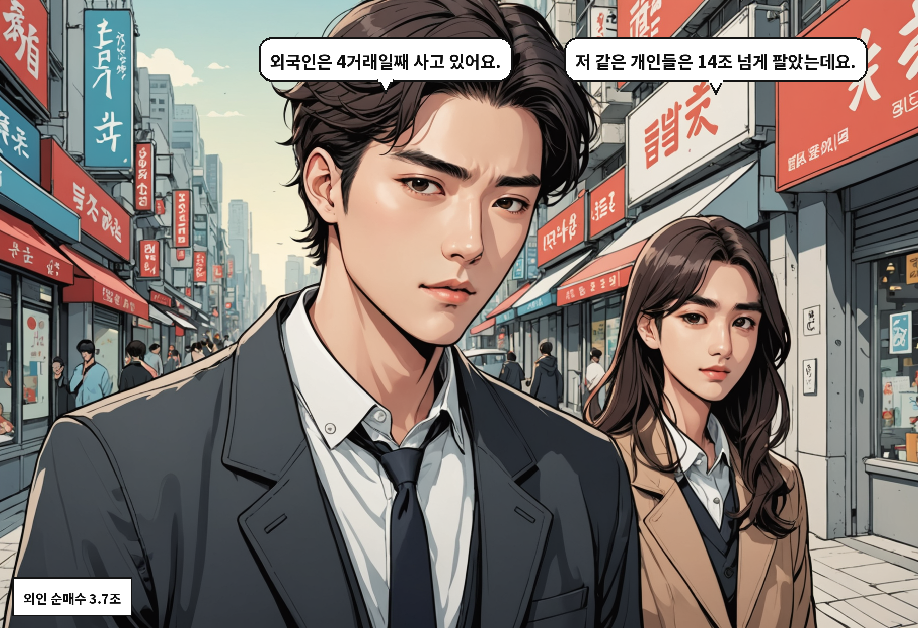 A: 외국인은 4거래일째 사고 있어요. B: 저 같은 개인들은 14조 넘게 팔았는데요.