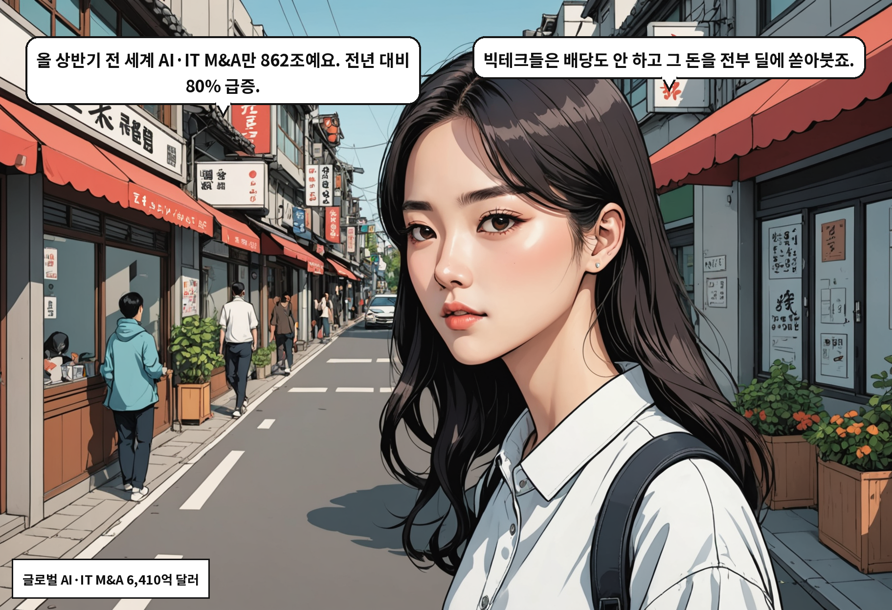 A: 올 상반기 글로벌 AI·IT M&A가 전년보다 80% 늘었어요. B: 빅테크들은 배당도 안 하고 그 돈을 전부 딜에 붓죠.