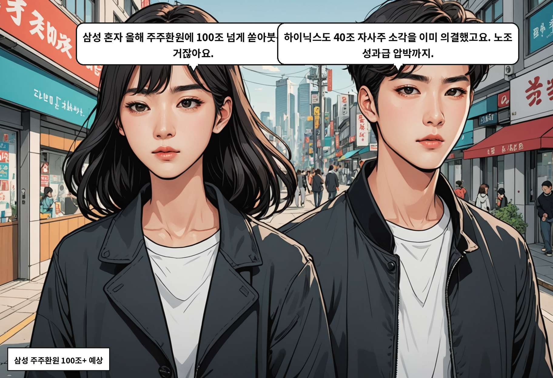 A: 삼성은 올해 주주환원에만 100조 넘게 쓸 거라고 업계에선 봐요. B: 하이닉스도 지난달 40조 자사주 소각 결의했고요.