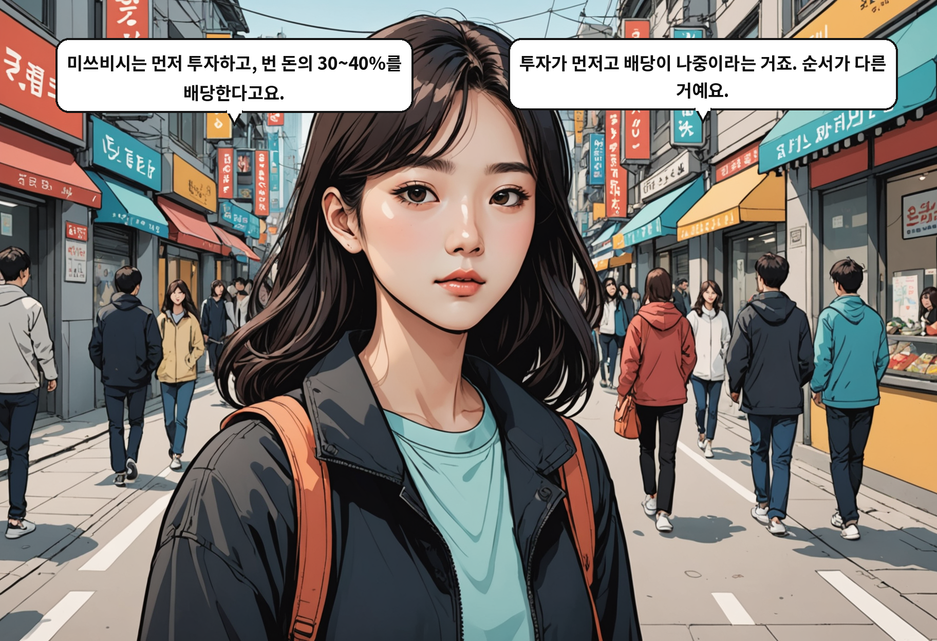 A: 미쓰비시는 투자를 먼저 하고 번 돈의 30~40%를 배당해요. 순서가 다르죠. B: 성장 없이 나눠주기만 하면 주주도 결국 손해 아닌가요.