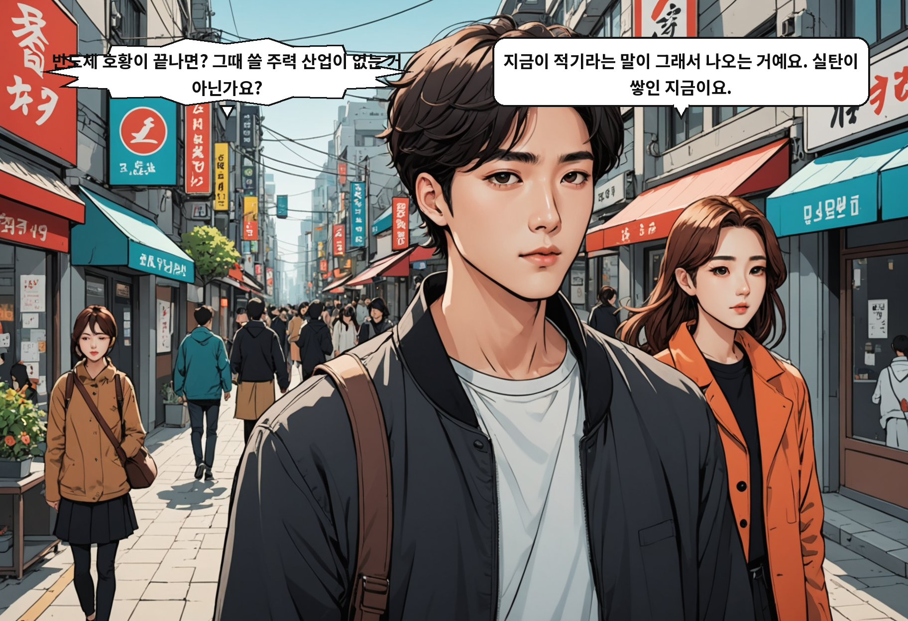 A: 반도체 호황이 끝났을 때 다음 먹거리가 없으면 그때 가서 어떻게 하려고요. B: 지금 쌓인 유동성을 쓸 수 있는 시간이 얼마나 남았는지 모르죠.