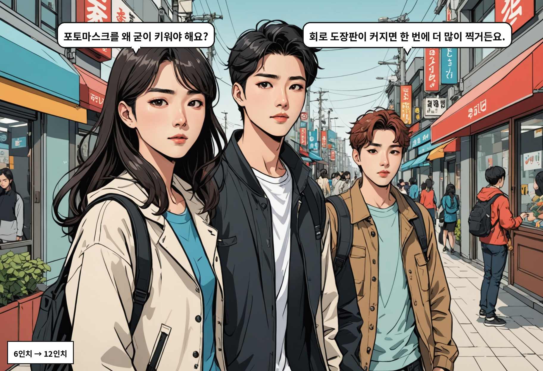 B: 포토마스크를 왜 굳이 키워야 해요? A: 회로 도장판이 커지면 한 번에 더 많이 찍거든요.