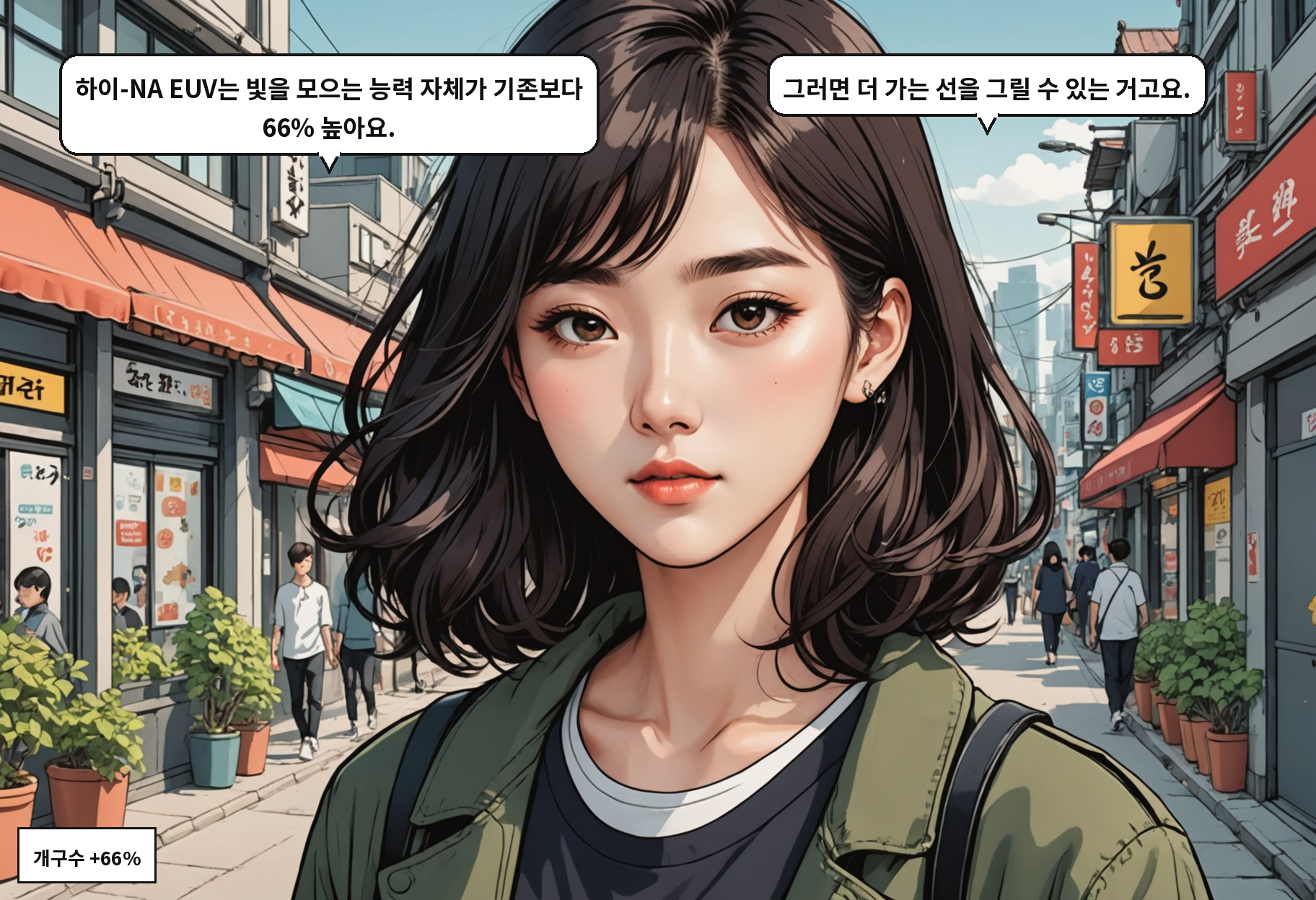 A: 하이-NA EUV는 빛을 모으는 능력 자체가 기존보다 66% 높아요. B: 그러면 더 가는 선을 그릴 수 있는 거고요.