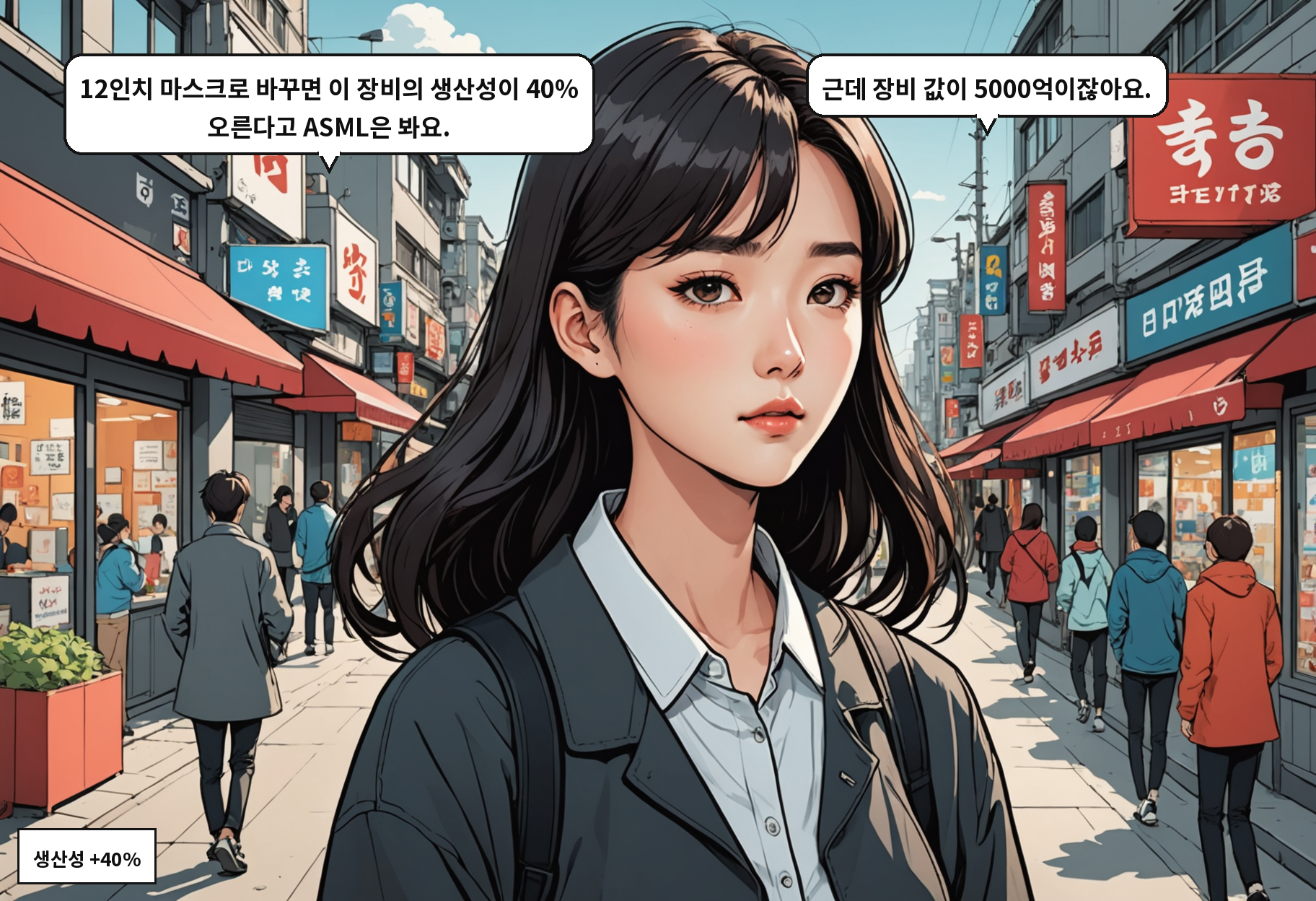 A: 12인치 마스크로 바꾸면 이 장비의 생산성이 40% 오른다고 ASML은 봐요. B: 근데 장비 값이 5000억이잖아요.