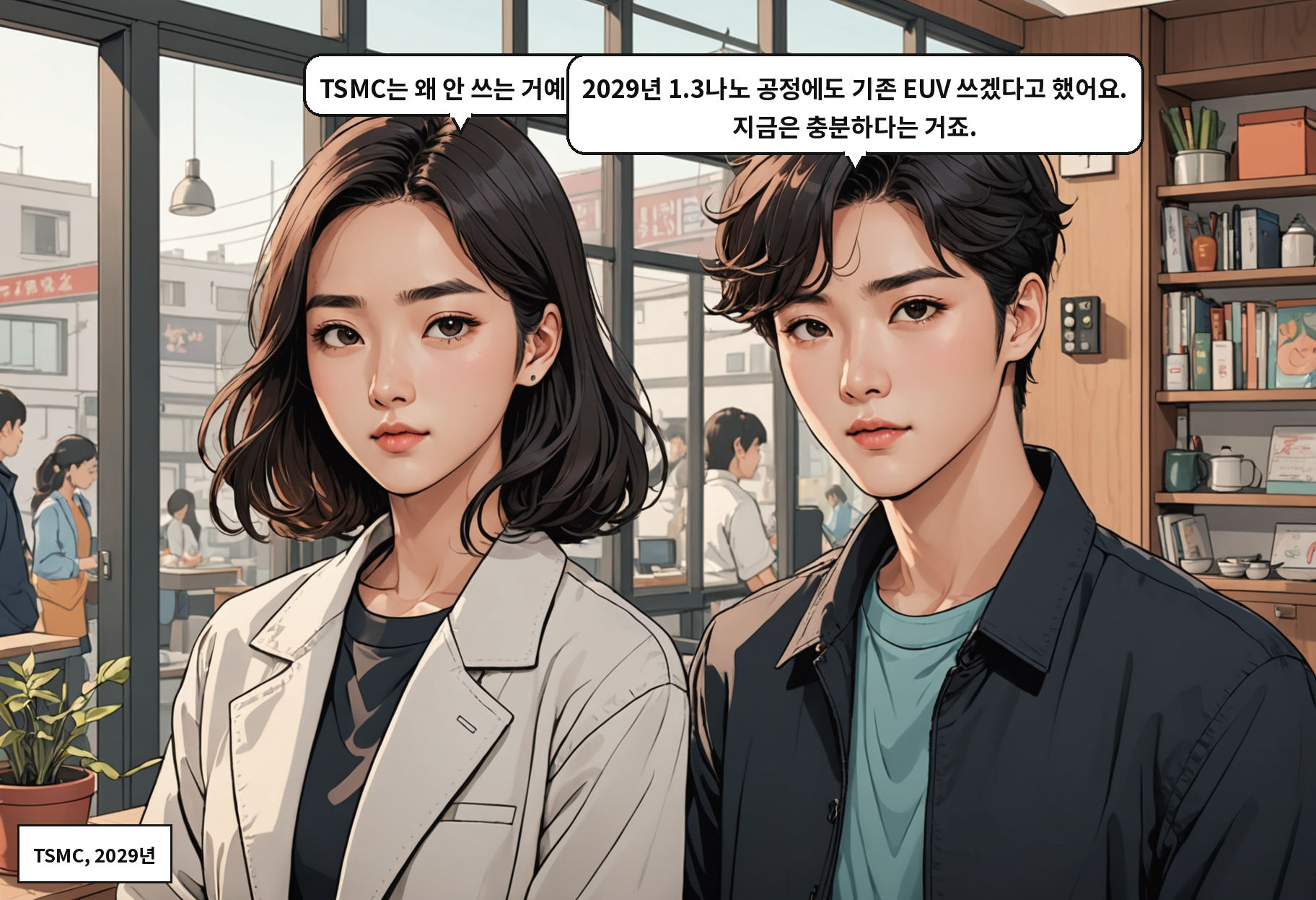 B: TSMC는 왜 안 쓰는 거예요? A: 2029년 1.3나노 공정에도 기존 EUV 쓰겠다고 했어요. 지금은 충분하다는 거죠.