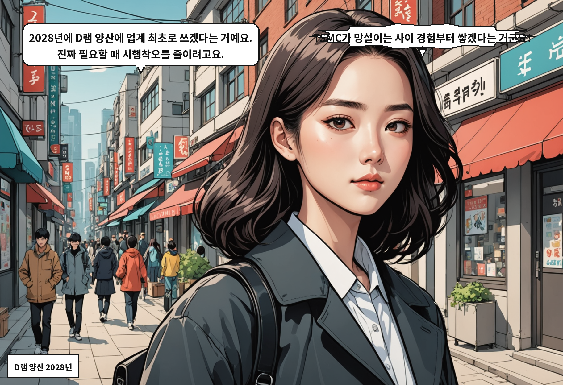 A: 2028년에 D램 양산에 업계 최초로 쓰겠다는 거예요. 진짜 필요할 때 시행착오를 줄이려고요. B: TSMC가 망설이는 사이 경험부터 쌓겠다는 거군요!
