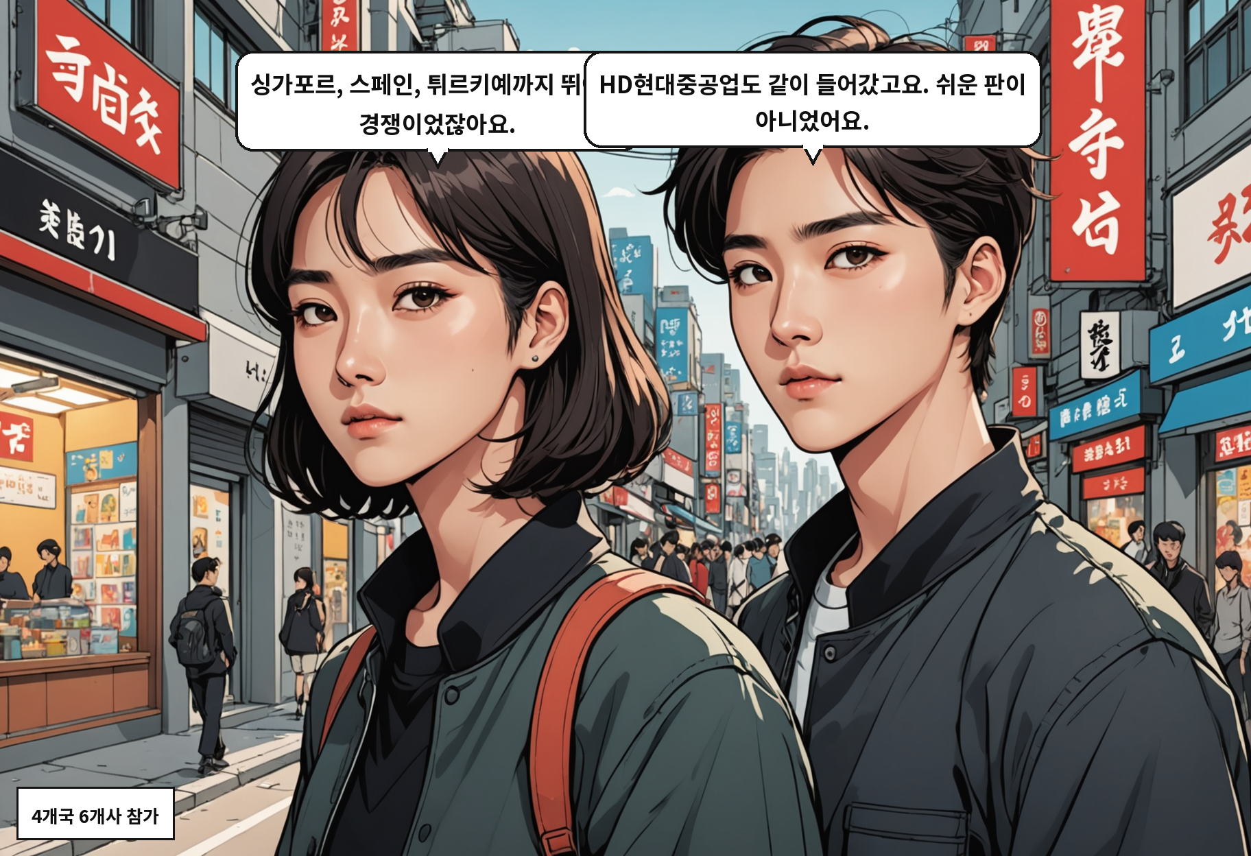 B: 싱가포르, 스페인, 튀르키예까지 뛰어든 경쟁이었잖아요. A: HD현대중공업도 같이 들어갔고요. 쉬운 판이 아니었어요.