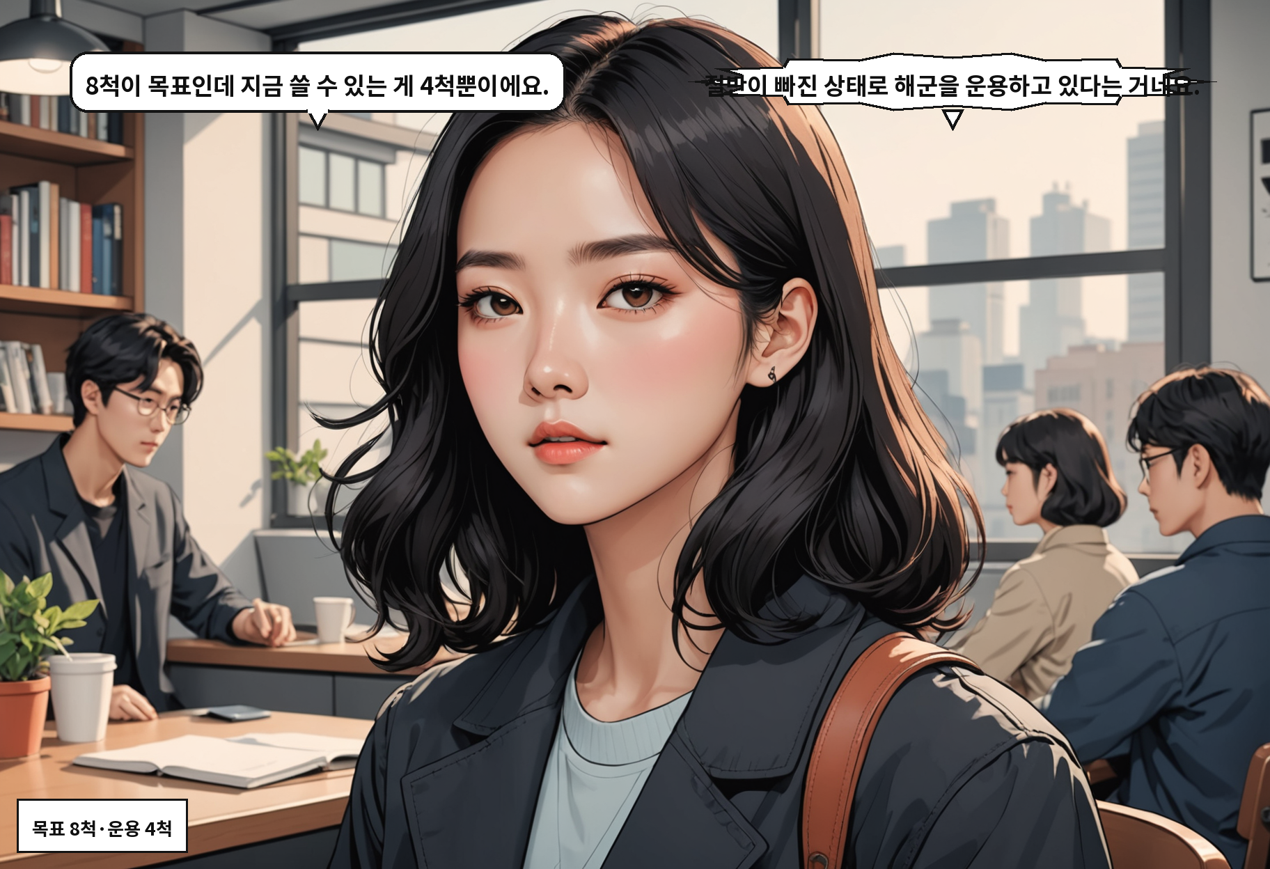 A: 8척이 목표인데 지금 쓸 수 있는 게 4척뿐이에요. B: 절반이 빠진 상태로 해군을 운용하고 있다는 거네요.