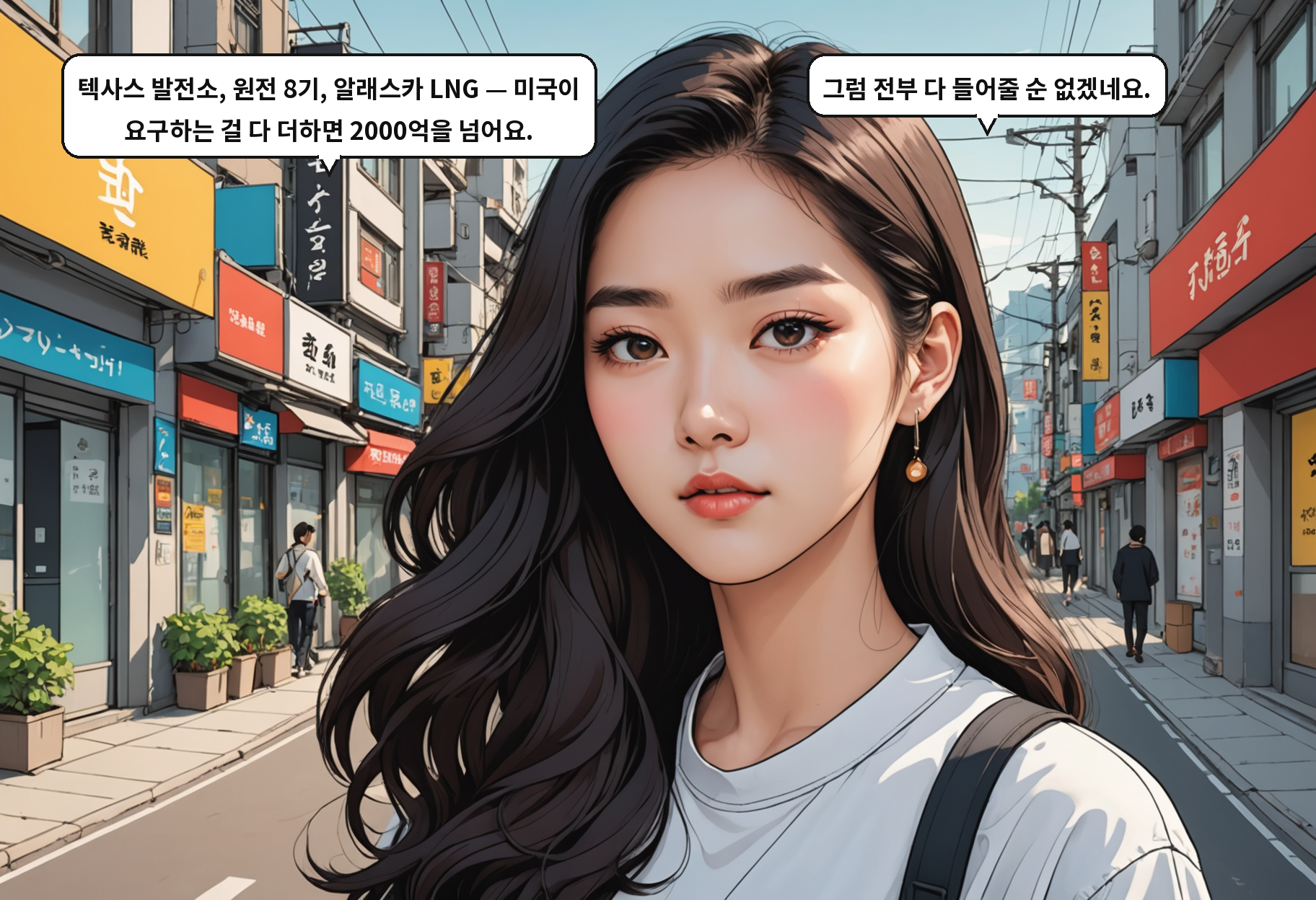 A: 텍사스 발전소, 원전 8기, 알래스카 LNG. 이 세 가지가 협상 테이블에 있어요. B: 다 넣으면 2000억이 넘겠는데요.
