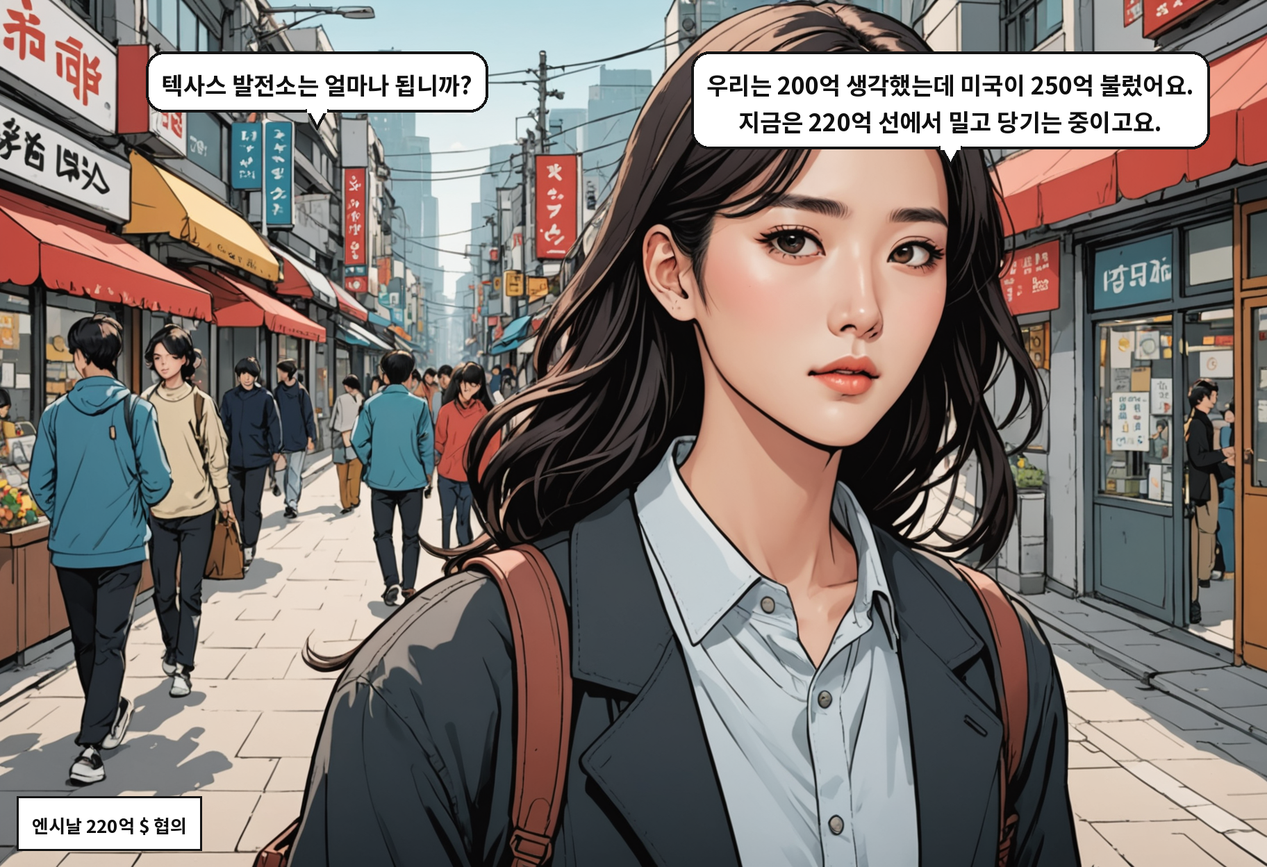 B: 정부는 200억 봤는데 미국이 250억 불렀다고요? A: 지금은 220억 선에서 줄다리기 중이에요.