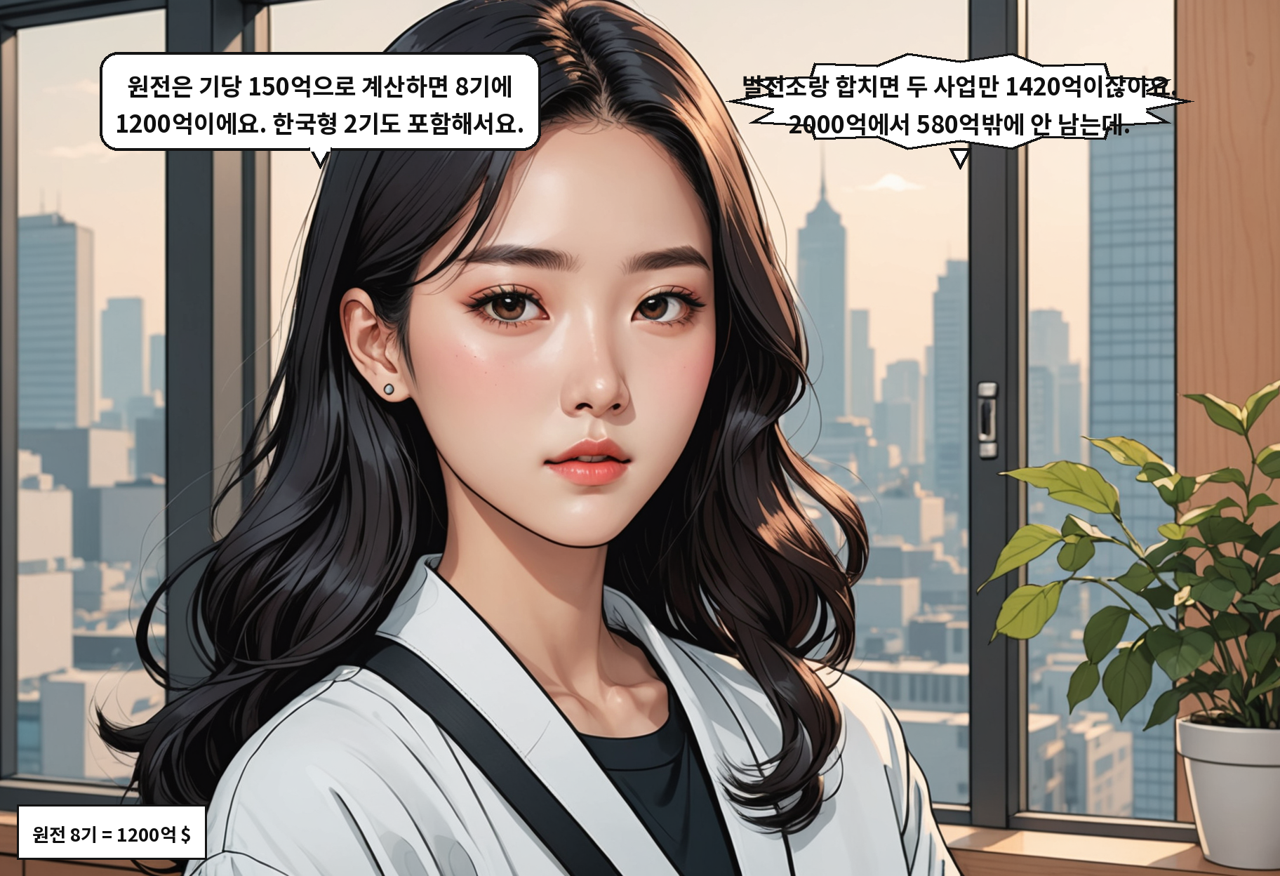 A: 원전 한 기당 150억 달러 기준이에요. 8기면 발전소랑 합쳐서 1420억이 되는 거죠. B: LNG까지 더하면 2000억은 이미 넘어요.