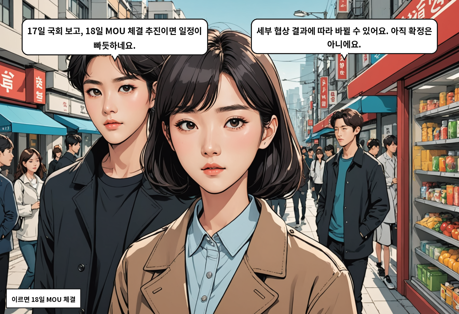 B: 17일 국회 보고, 18일 MOU 서명까지 간다는 건데. A: 일정은 협상 결과에 따라 바뀔 수 있다고 했어요.