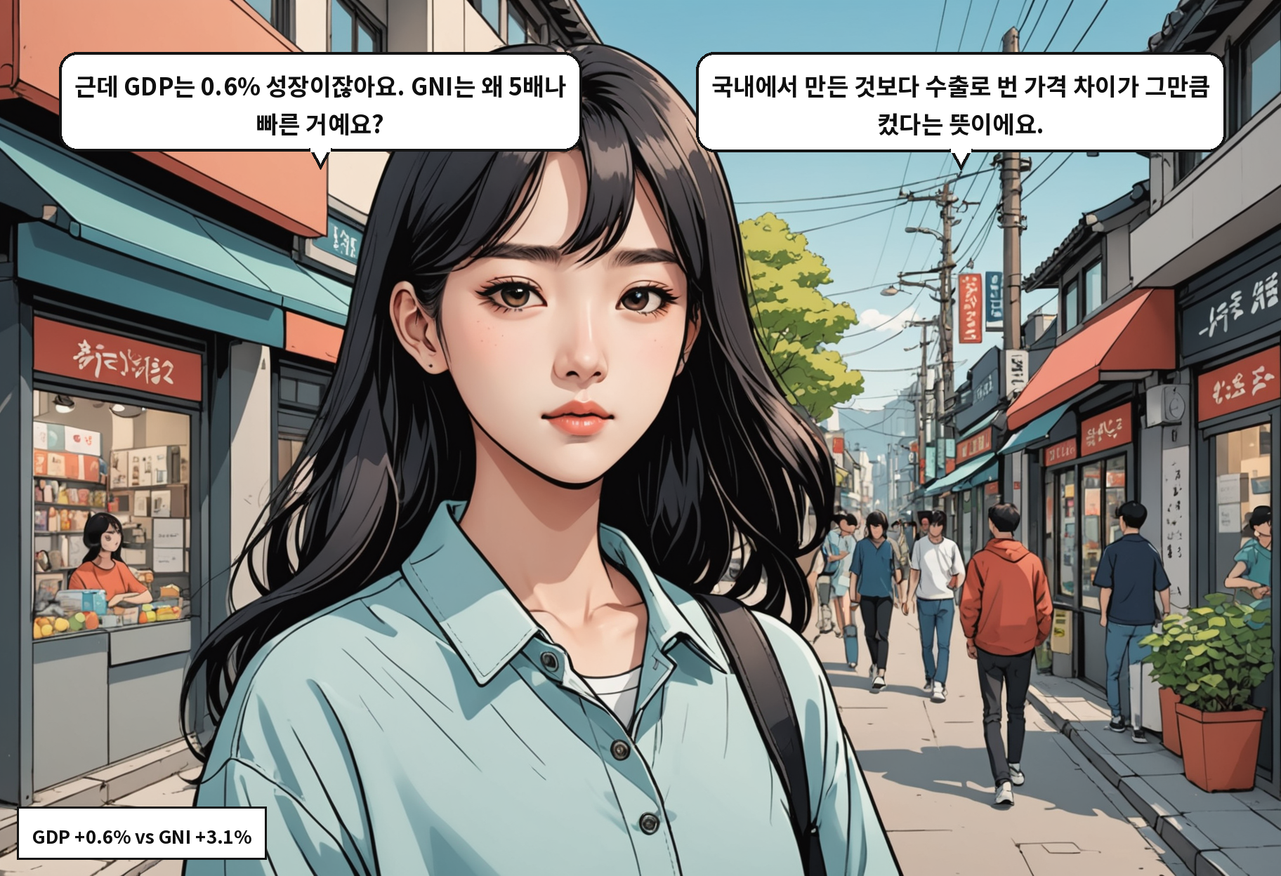 A: 근데 GDP는 0.6% 성장이잖아요. GNI는 왜 5배나 빠른 거예요? B: 국내에서 만든 것보다 수출로 번 가격 차이가 그만큼 컸다는 뜻이에요.