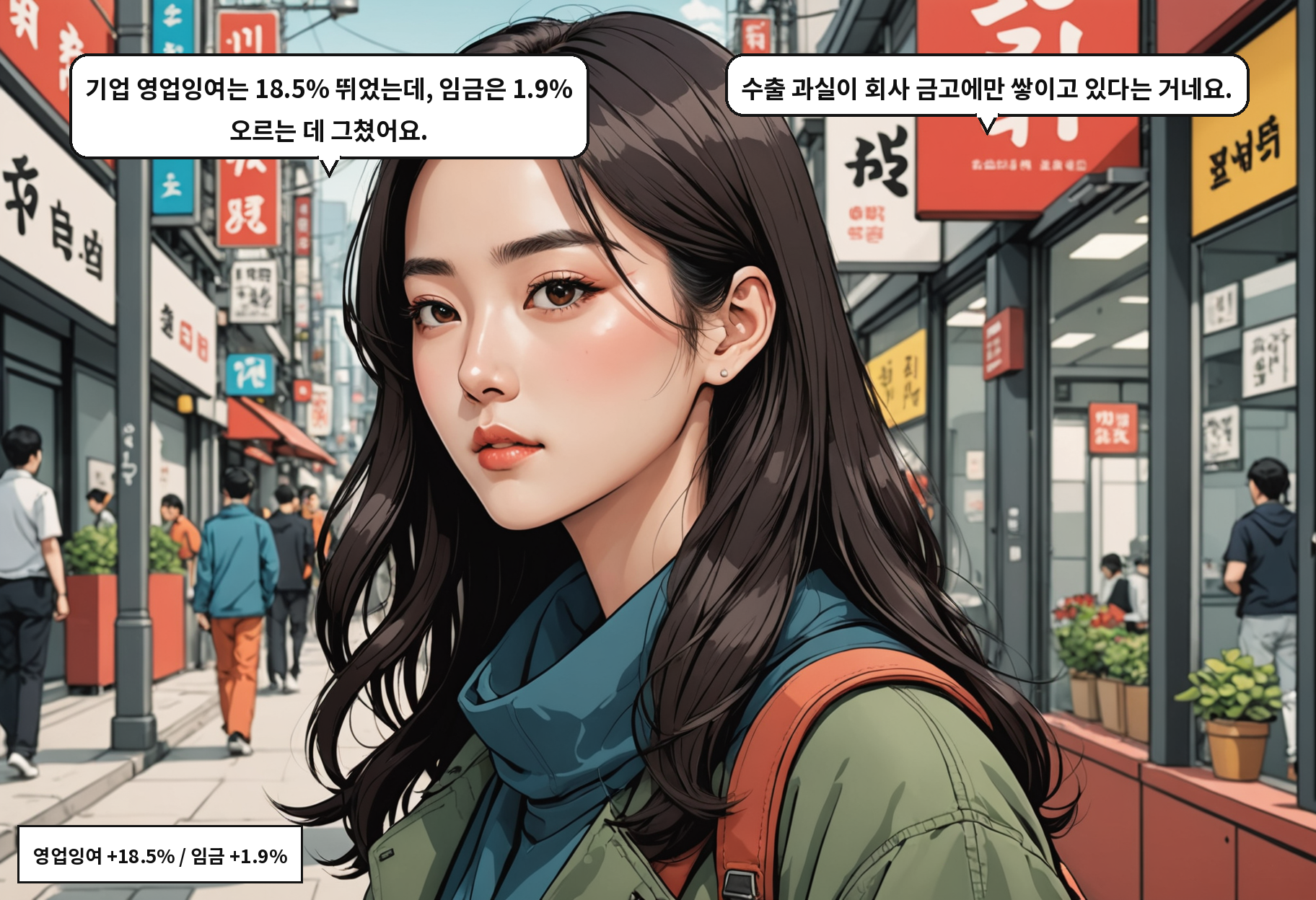 B: 기업 영업잉여는 18.5% 뛰었는데, 임금은 1.9% 오르는 데 그쳤어요. A: 수출 과실이 회사 금고에만 쌓이고 있다는 거네요.