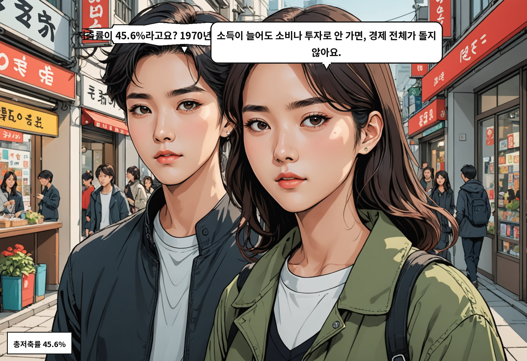 A: 저축률이 45.6%라고요? 1970년 이후 최고치잖아요. B: 소득이 늘어도 소비나 투자로 안 가면, 경제 전체가 돌지 않아요.