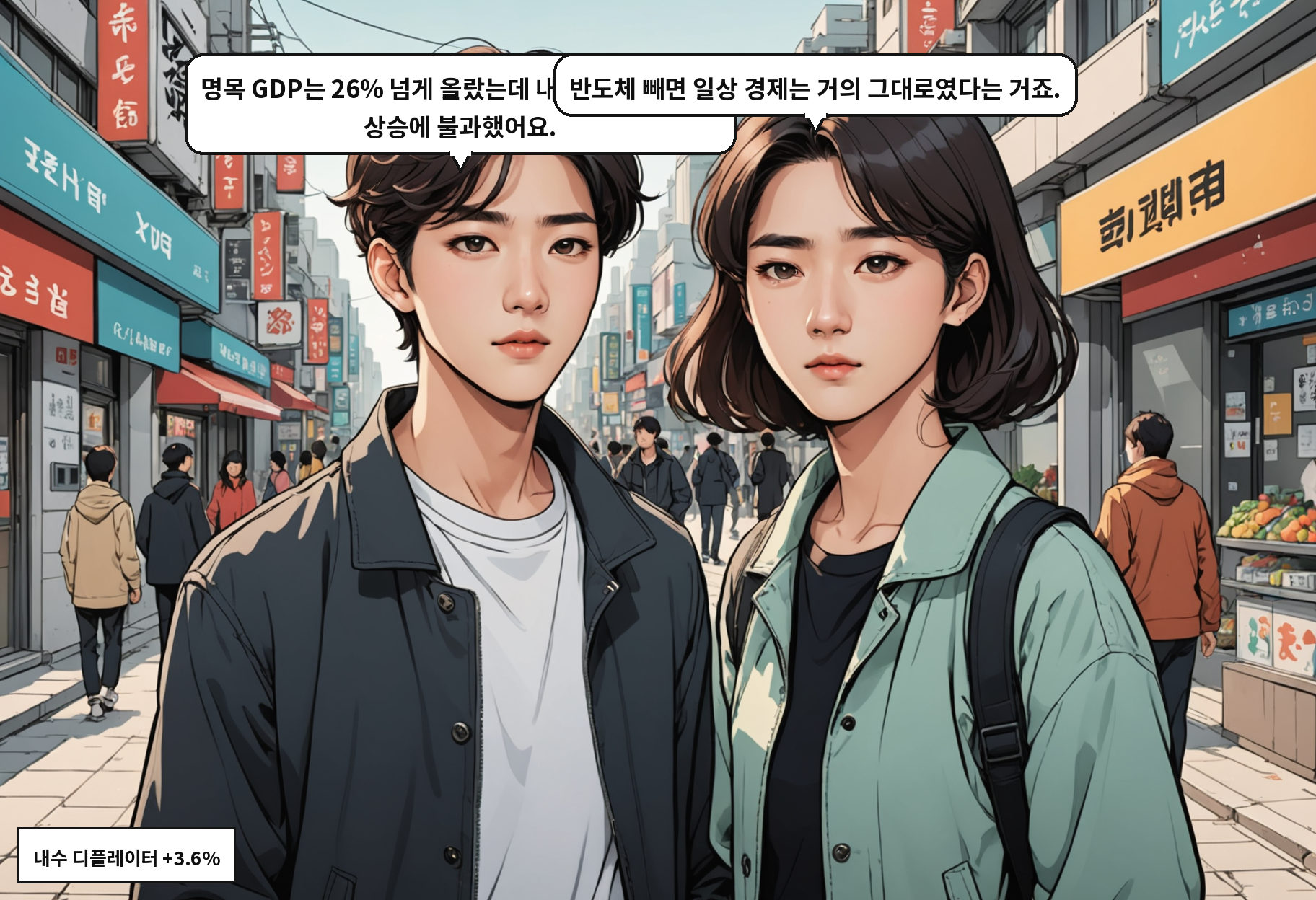 B: 명목 GDP는 26% 넘게 올랐는데 내수 물가는 3.6% 상승에 불과했어요. A: 반도체 빼면 일상 경제는 거의 그대로였다는 거죠.