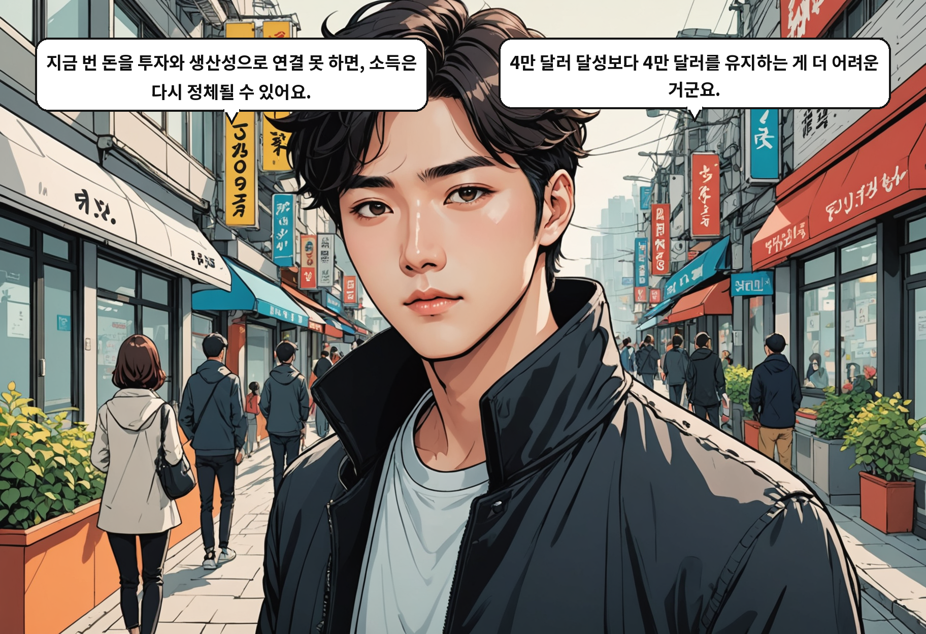 B: 지금 번 돈을 투자와 생산성으로 연결 못 하면, 소득은 다시 정체될 수 있어요. A: 4만 달러 달성보다 4만 달러를 유지하는 게 더 어려운 거군요.