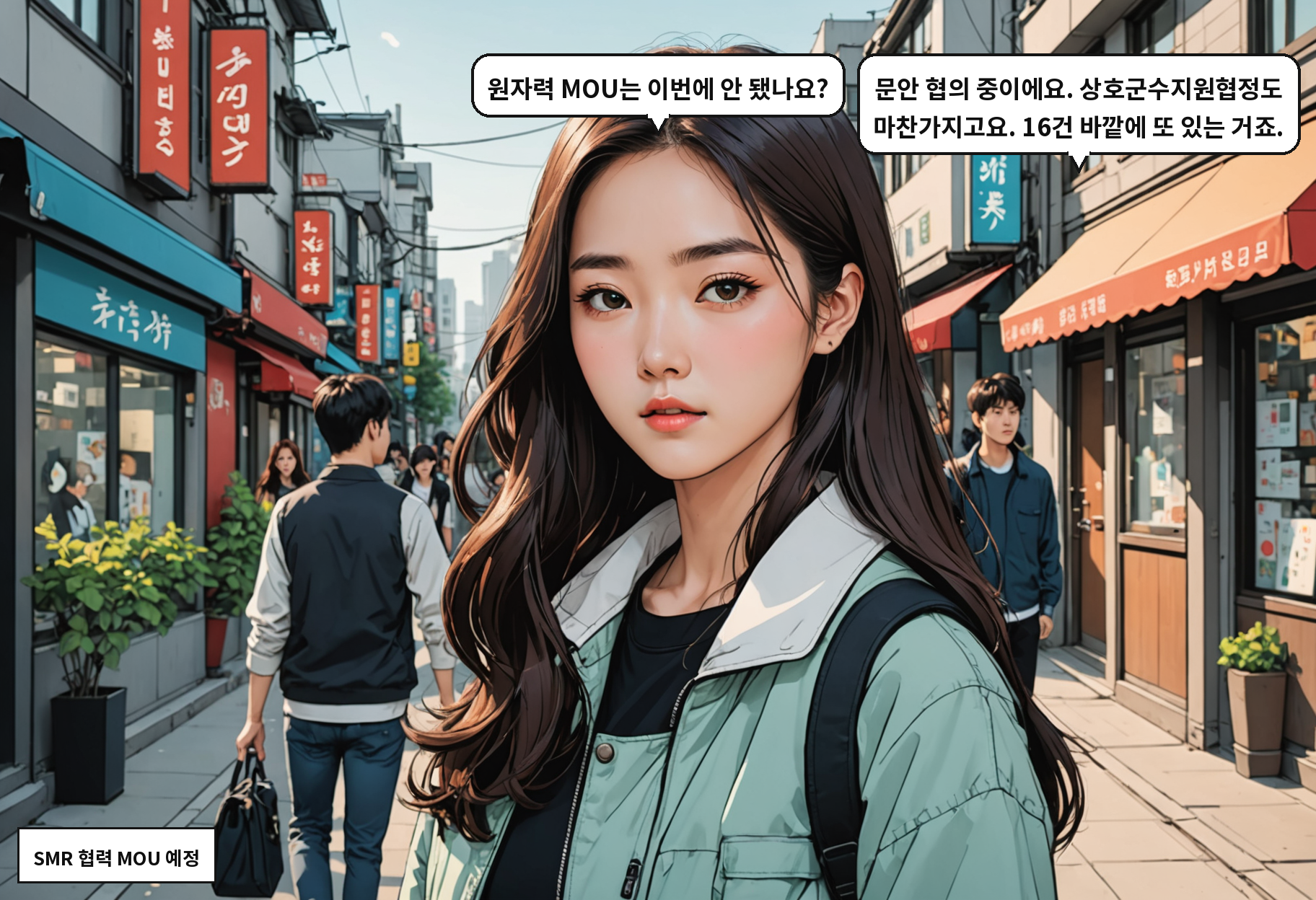A: 원자력 MOU는 이번에 안 됐나요? B: 문안 협의 중이에요. 상호군수지원협정도 마찬가지고요. 16건 바깥에 또 있는 거죠.