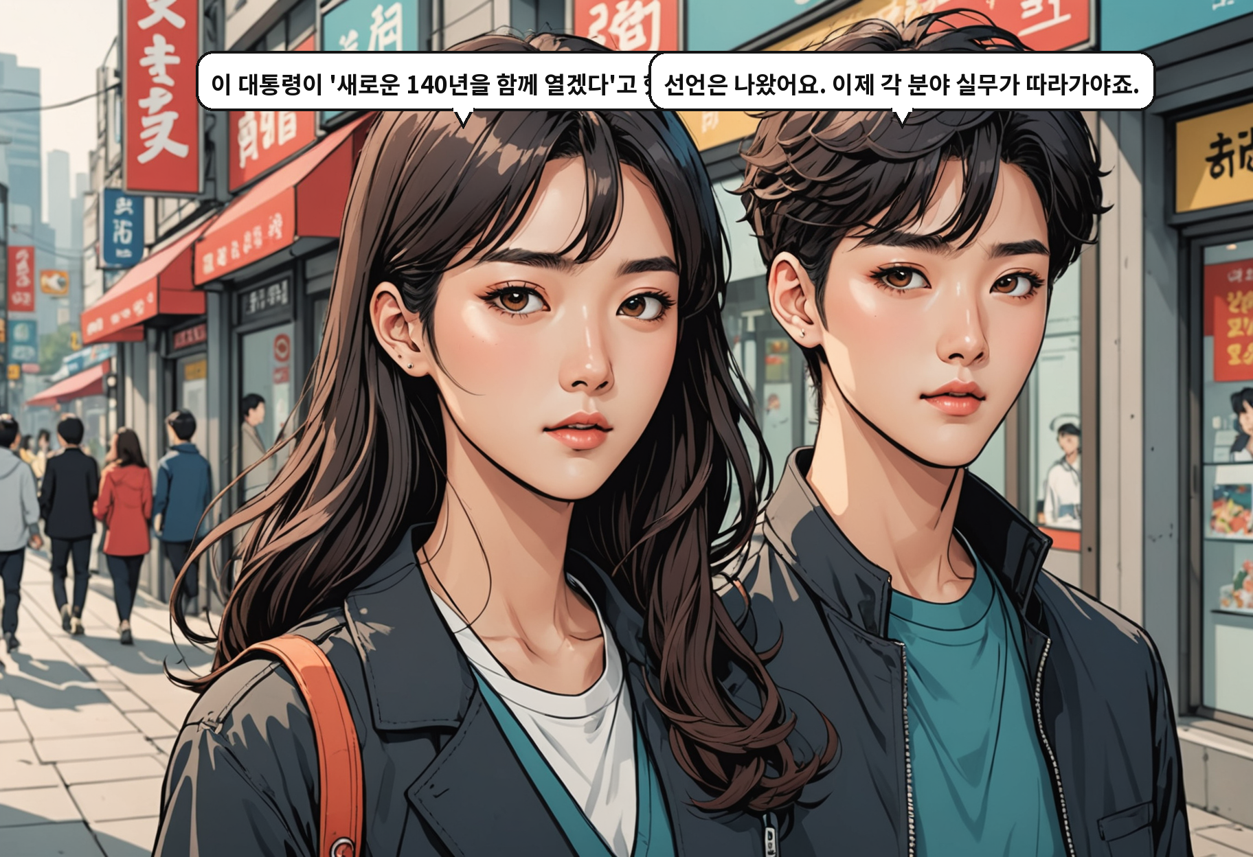 A: 이 대통령이 '새로운 140년을 함께 열겠다'고 했대요. B: 선언은 나왔어요. 이제 각 분야 실무가 따라가야죠.