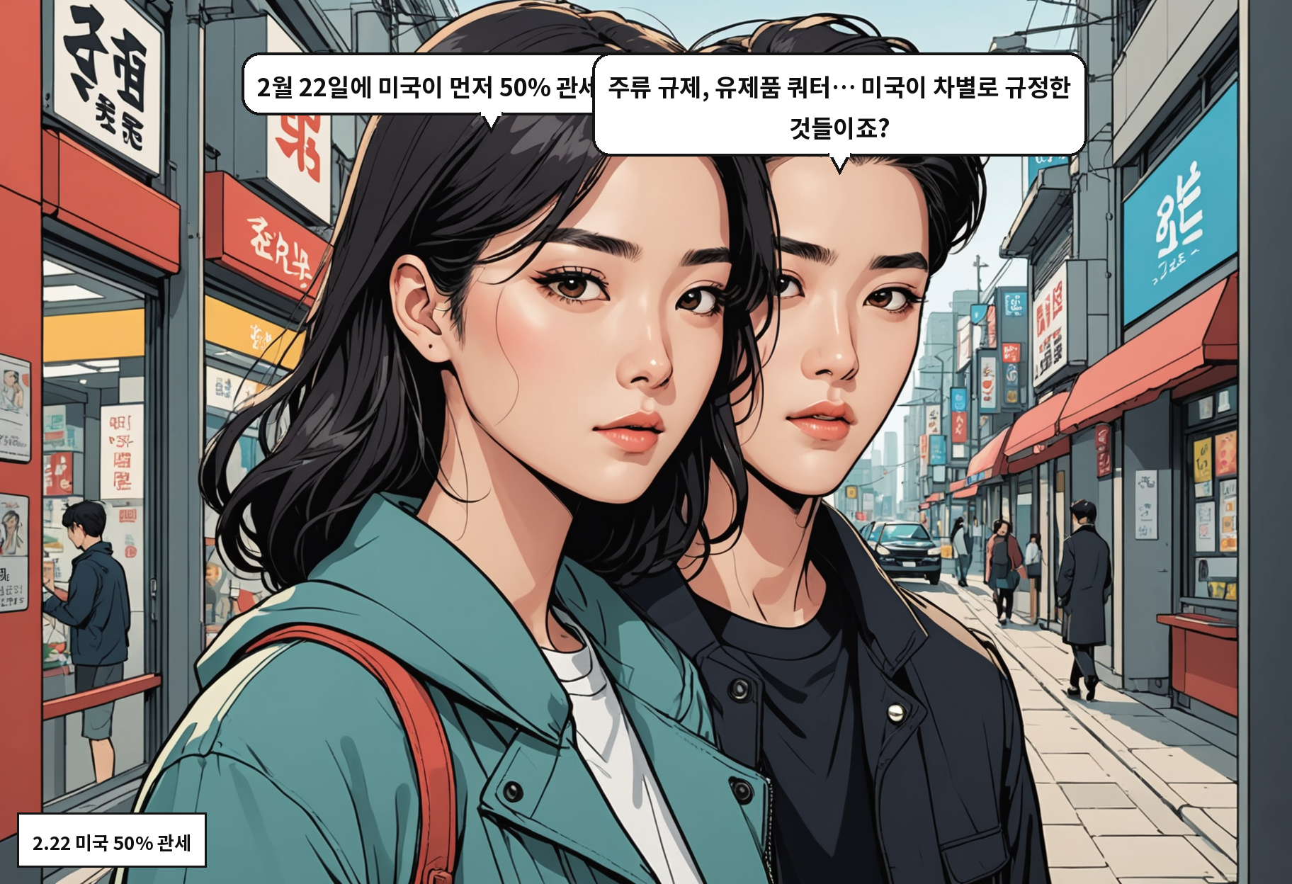 B: 2월 22일에 미국이 먼저 50% 관세를 때렸어요. A: 주류 규제, 유제품 쿼터… 미국이 차별로 규정한 것들이죠?
