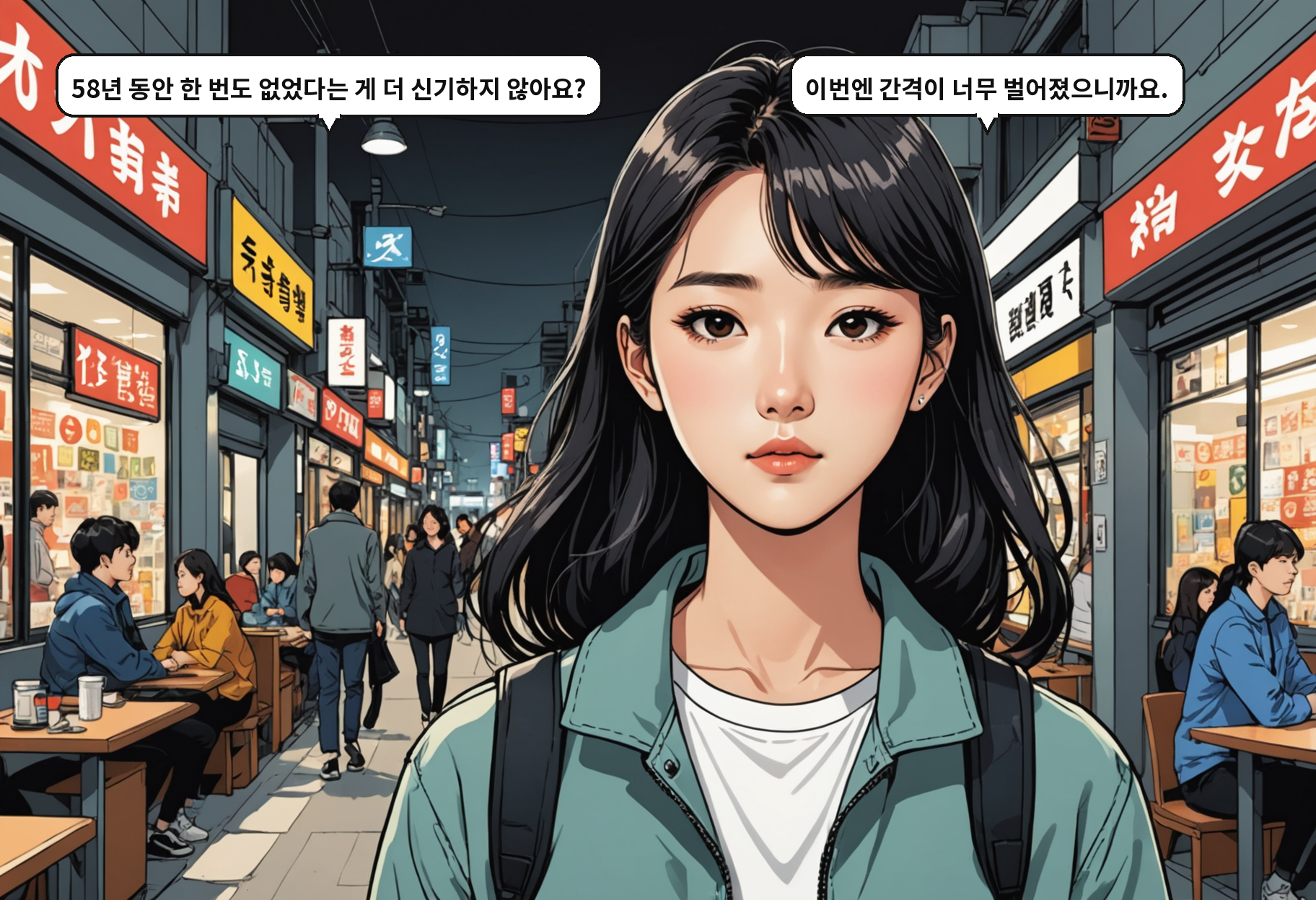 A: 58년 동안 한 번도 없었다는 게 더 신기하지 않아요? B: 이번엔 간격이 너무 벌어졌으니까요.
