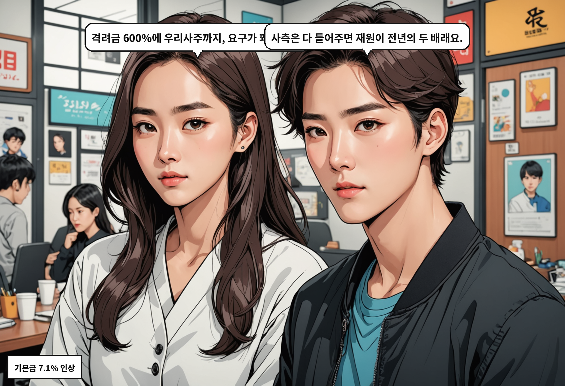 A: 격려금 600%에 우리사주까지, 요구가 꽤 크네요. B: 사측은 다 들어주면 재원이 전년의 두 배래요.