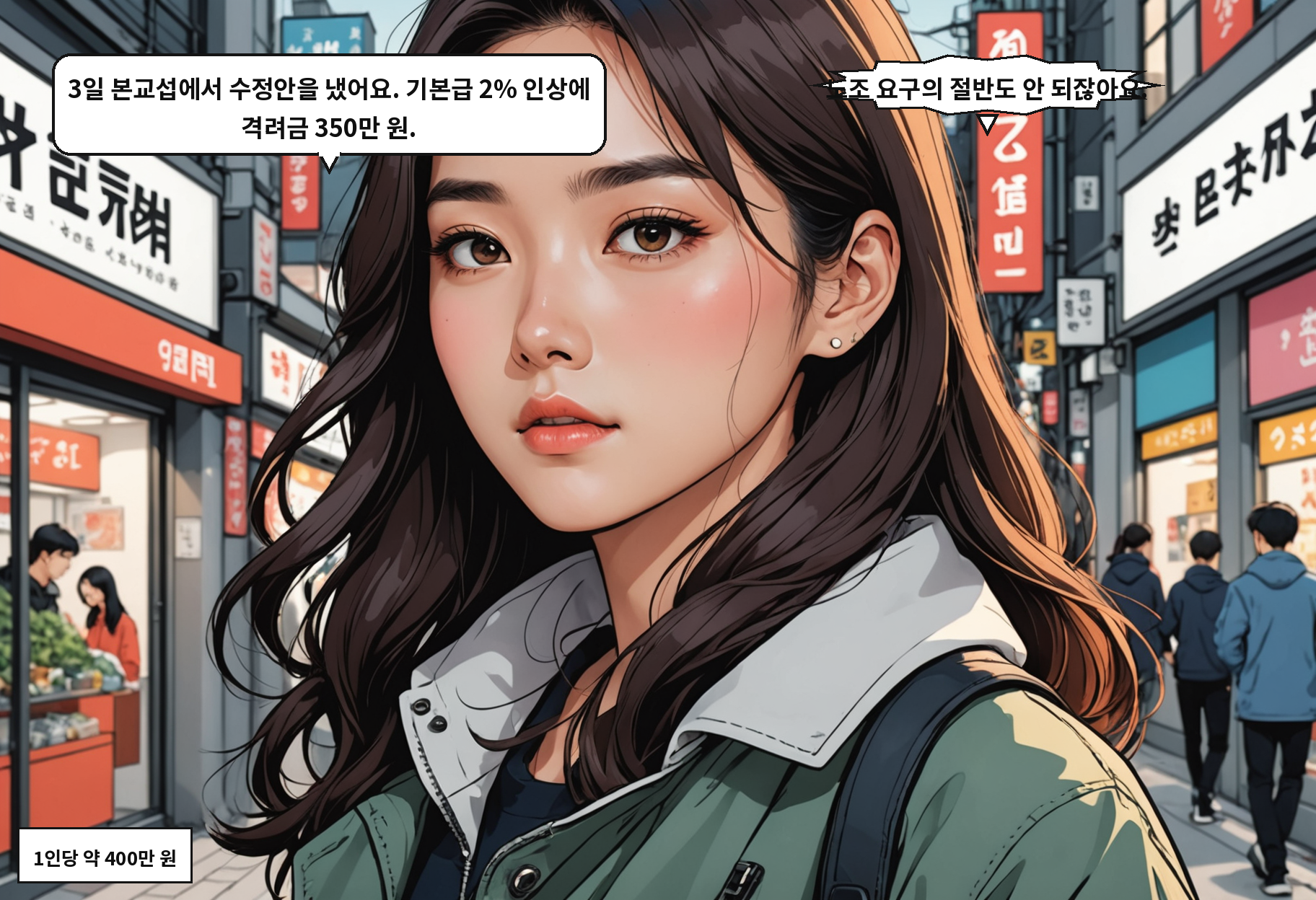 B: 3일 본교섭에서 수정안을 냈어요. 기본급 2% 인상에 격려금 350만 원. A: 노조 요구의 절반도 안 되잖아요.