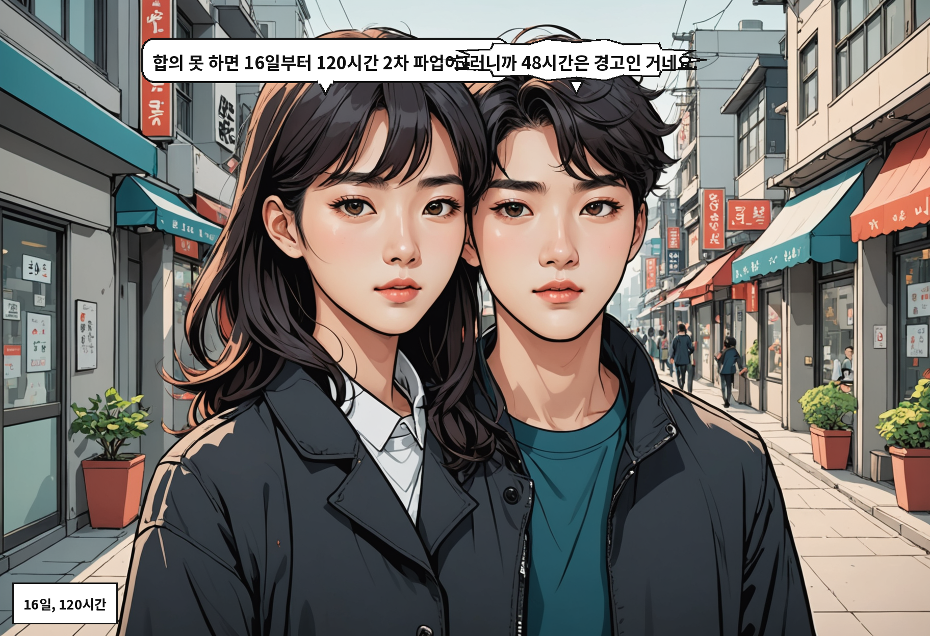 B: 합의 못 하면 16일부터 120시간 2차 파업이에요. A: 그러니까 48시간은 경고인 거네요.