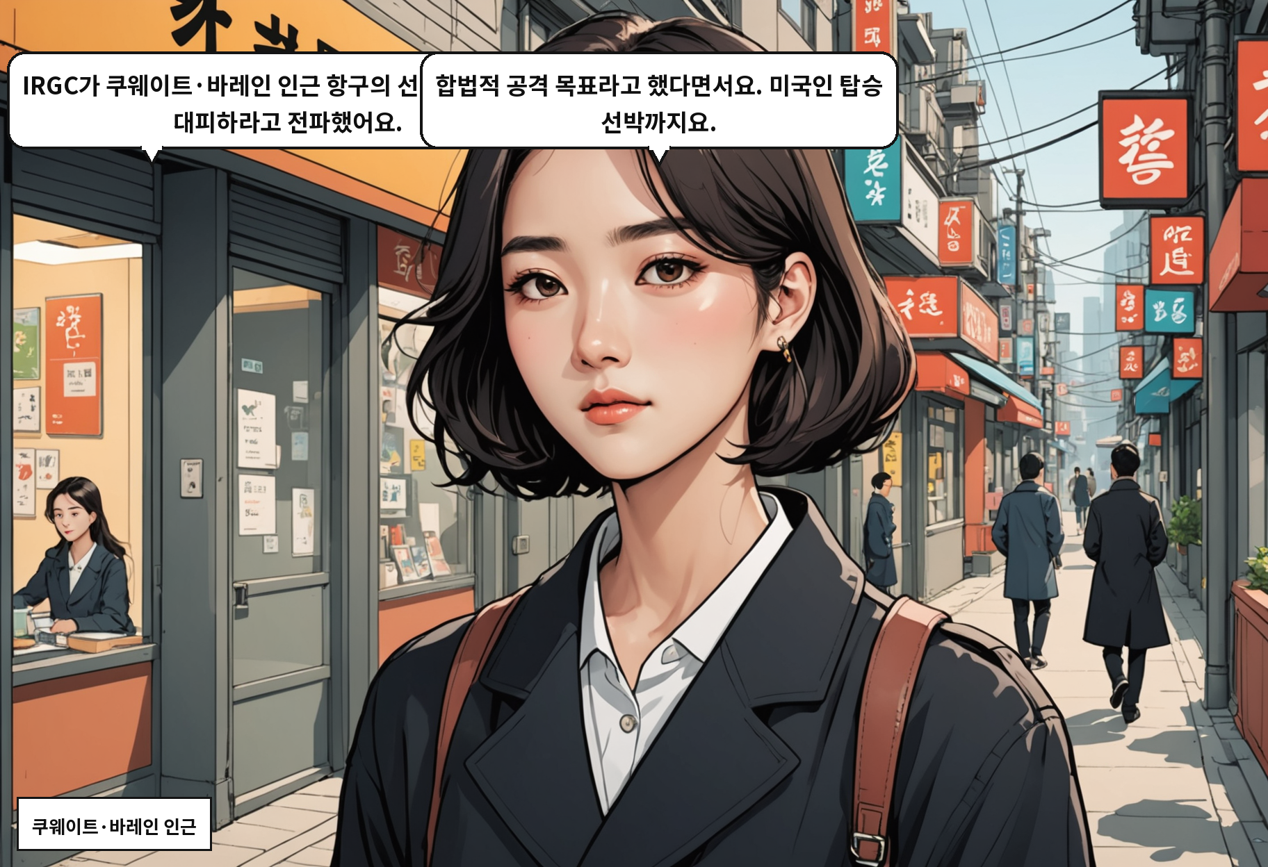 B: IRGC가 쿠웨이트·바레인 인근 항구의 선박들한테 즉시 대피하라고 전파했어요. A: 합법적 공격 목표라고 했다면서요. 미국인 탑승 선박까지요.