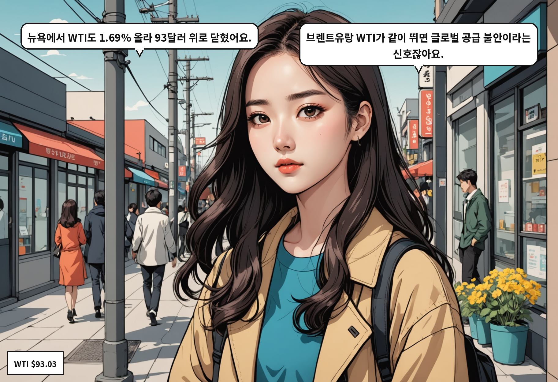 B: 뉴욕에서 WTI도 1.69% 올라 93달러 위로 닫혔어요. A: 브렌트유랑 WTI가 같이 뛰면 글로벌 공급 불안이라는 신호잖아요.