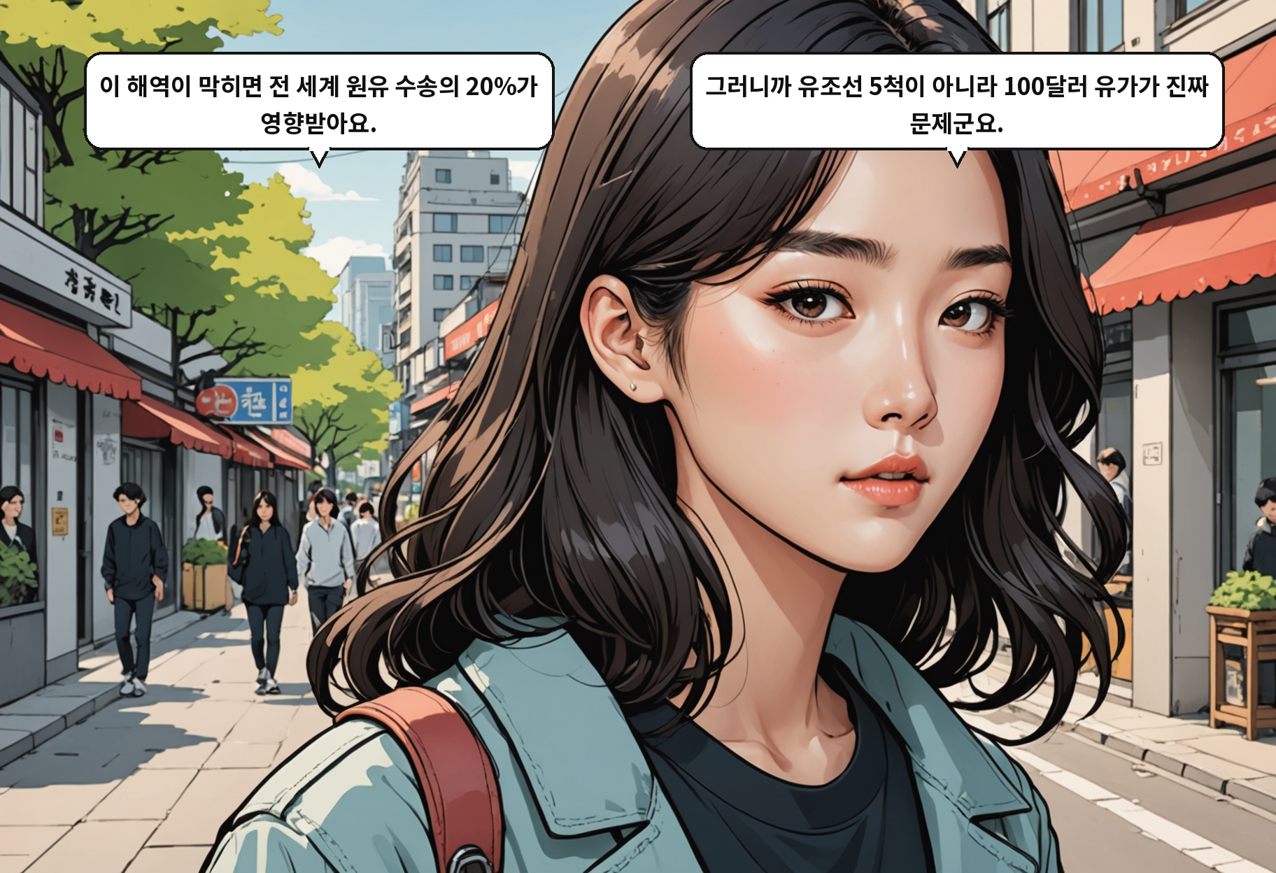 B: 이 해역이 막히면 전 세계 원유 수송의 20%가 영향받아요. A: 그러니까 유조선 5척이 아니라 100달러 유가가 진짜 문제군요.