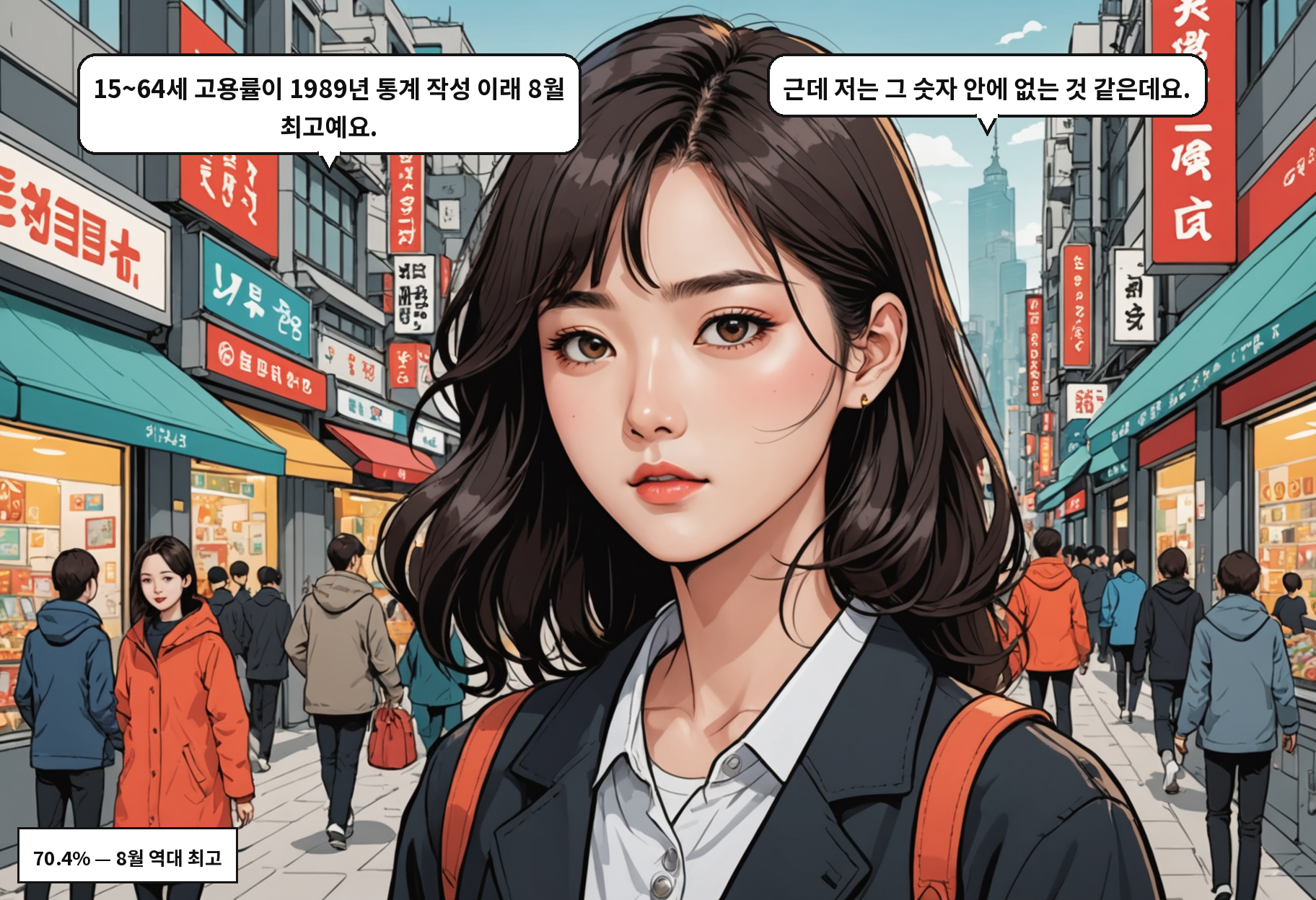 B: 15~64세 고용률이 1989년 통계 작성 이래 8월 최고예요. A: 근데 저는 그 숫자 안에 없는 것 같은데요.