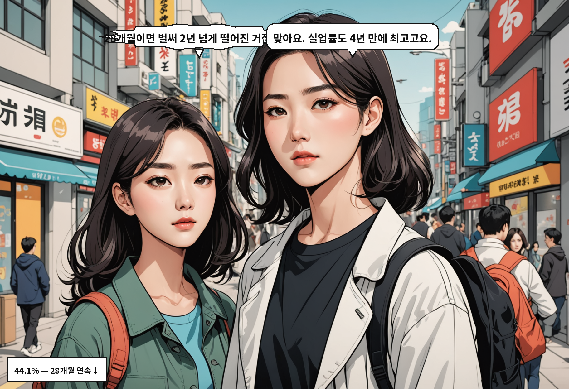 A: 28개월이면 벌써 2년 넘게 떨어진 거잖아요. B: 맞아요. 실업률도 4년 만에 최고고요.
