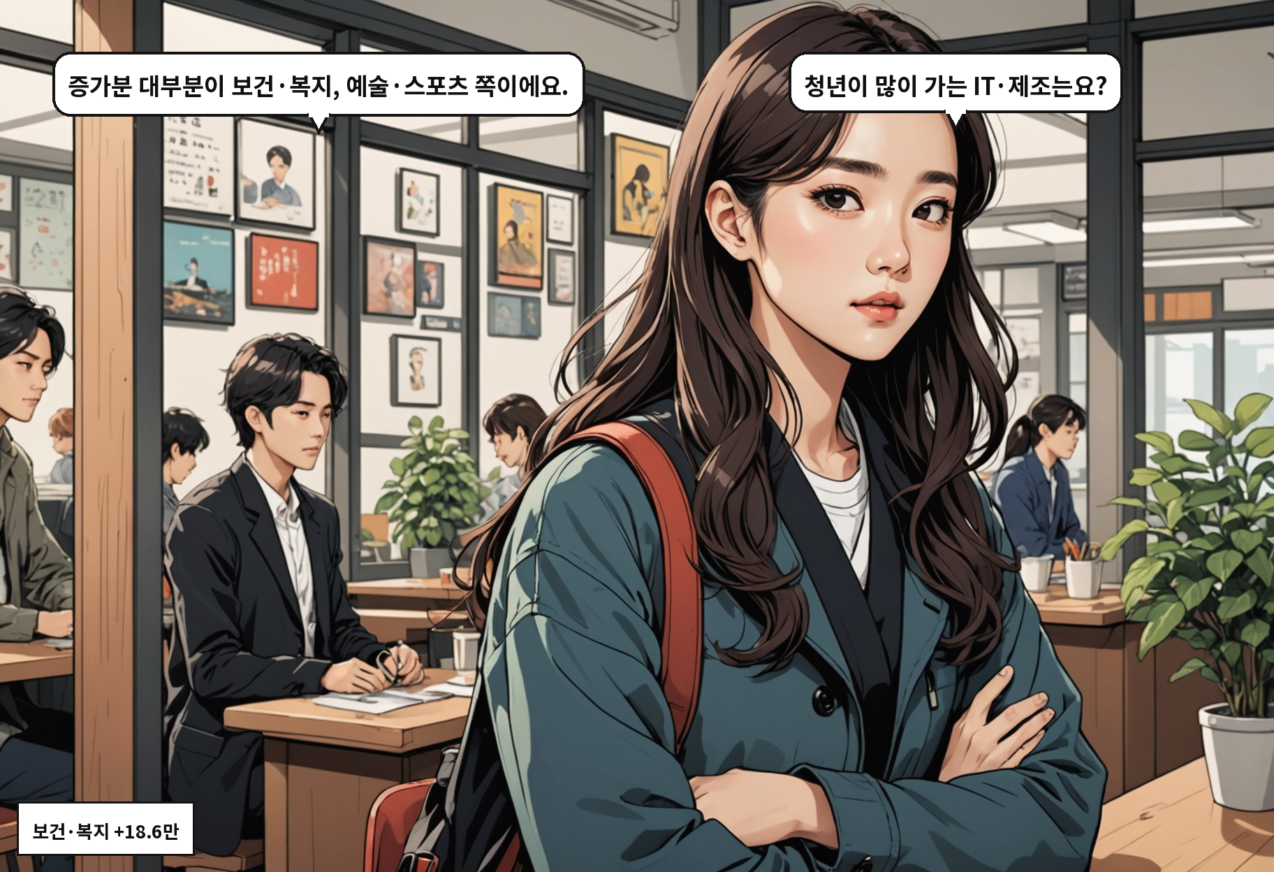 B: 증가분 대부분이 보건·복지, 예술·스포츠 쪽이에요. A: 청년이 많이 가는 IT·제조는요?