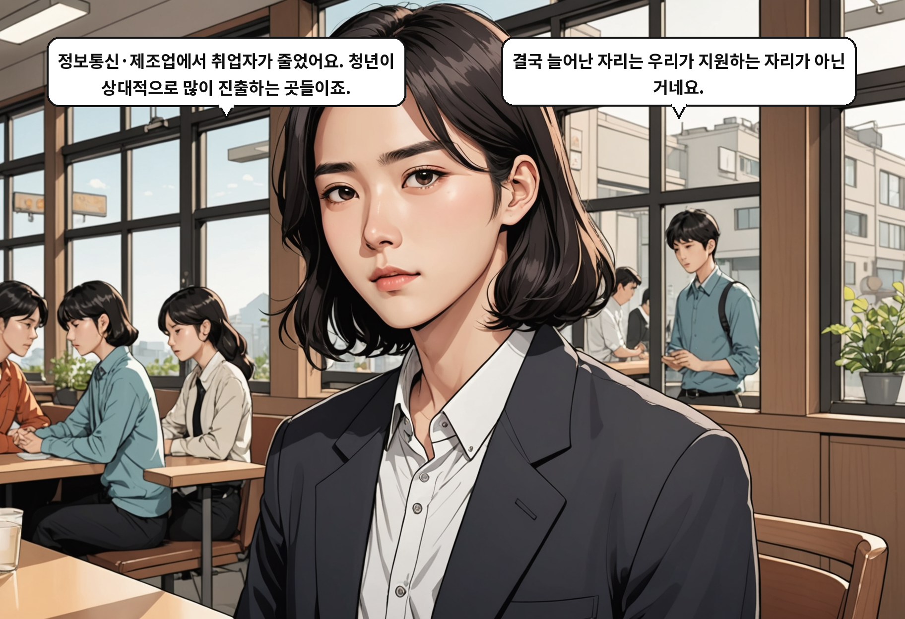 B: 정보통신·제조업에서 취업자가 줄었어요. 청년이 상대적으로 많이 진출하는 곳들이죠. A: 결국 늘어난 자리는 우리가 지원하는 자리가 아닌 거네요.
