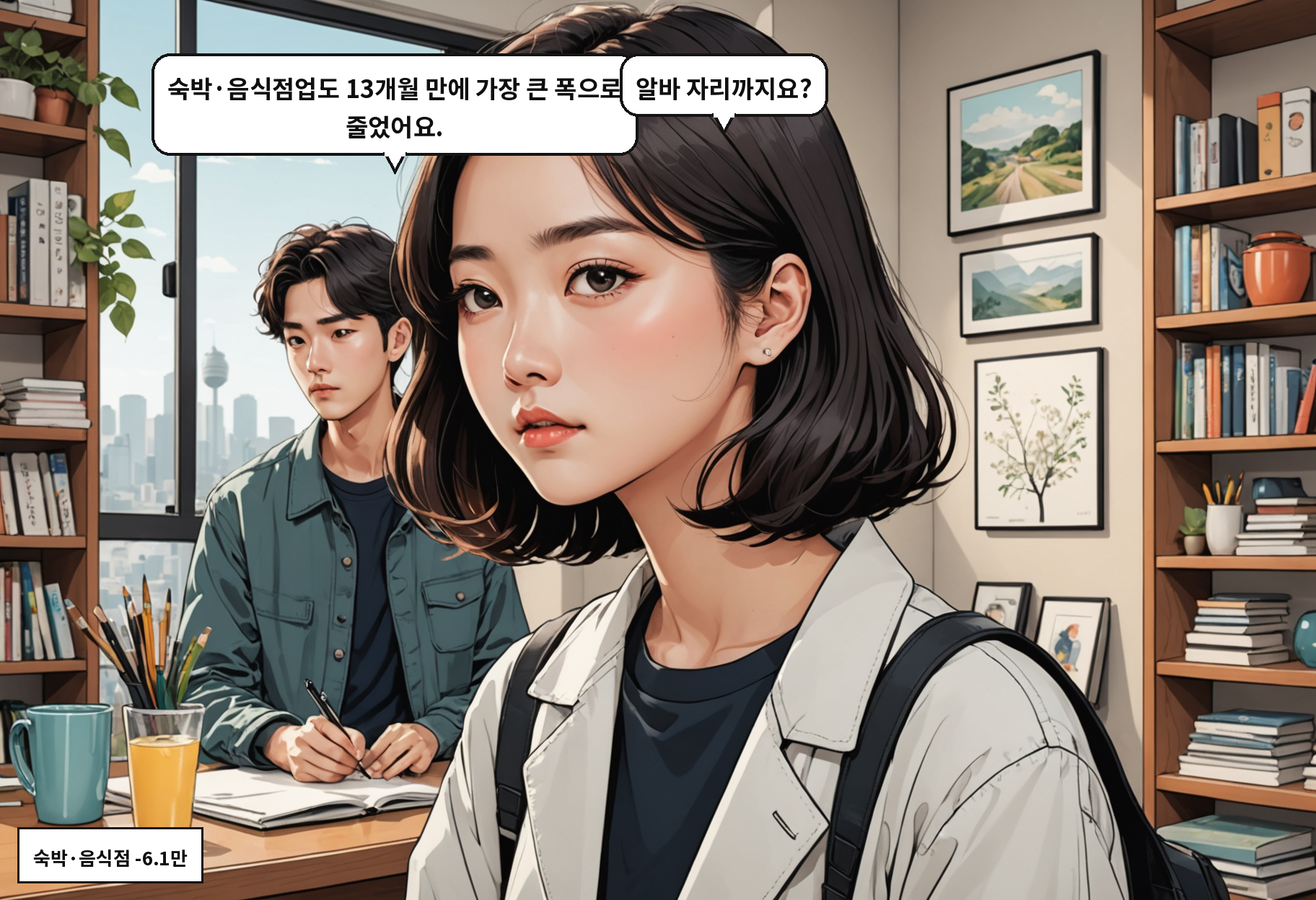 B: 숙박·음식점업도 13개월 만에 가장 큰 폭으로 줄었어요. A: 알바 자리까지요?