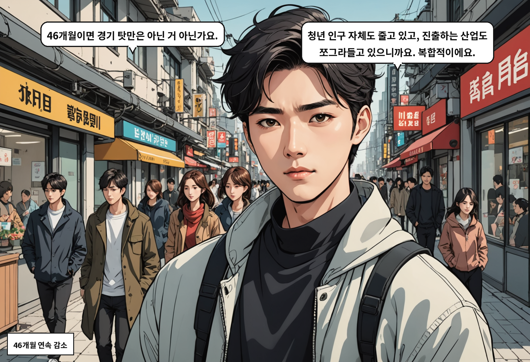A: 46개월이면 경기 탓만은 아닌 거 아닌가요. B: 청년 인구 자체도 줄고 있고, 진출하는 산업도 쪼그라들고 있으니까요. 복합적이에요.