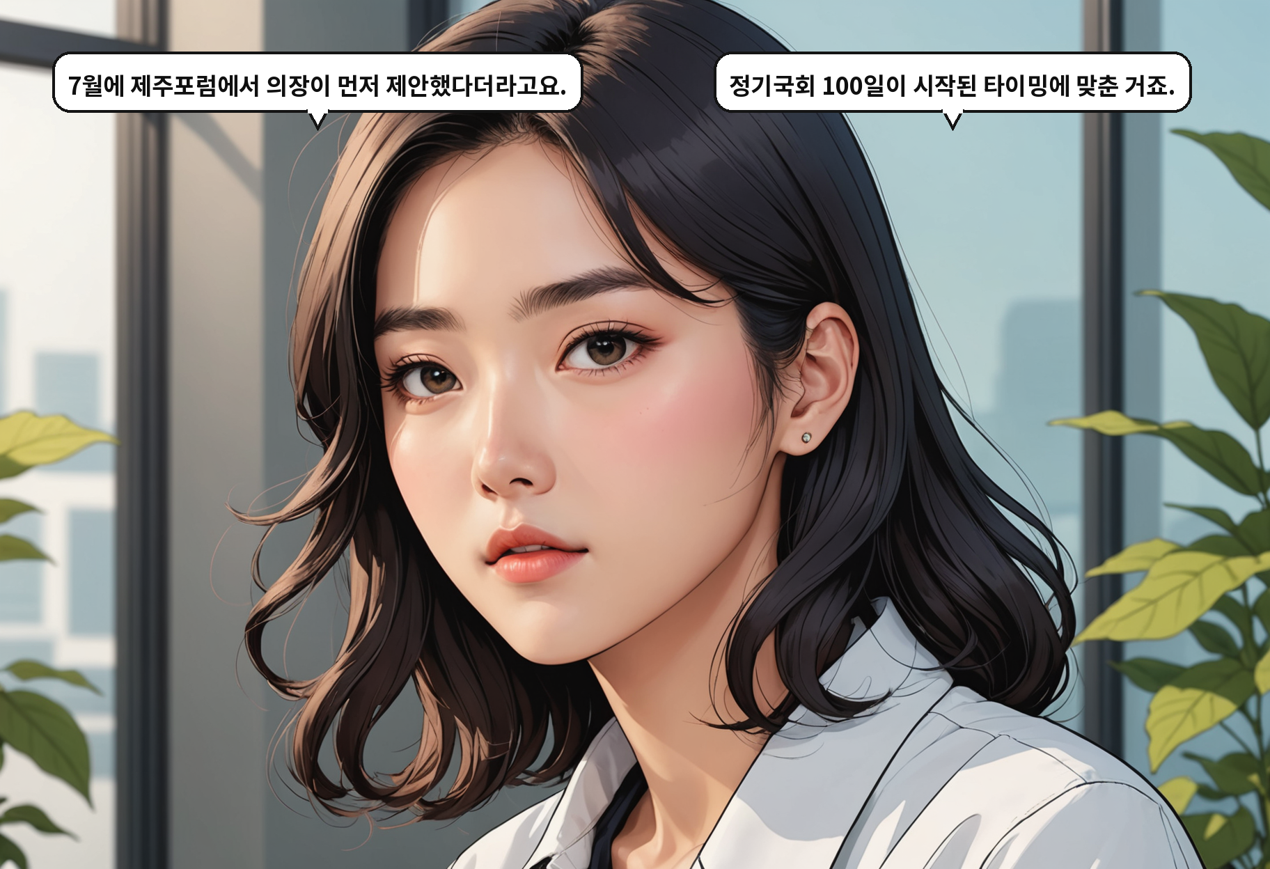 B: 7월에 제주포럼에서 의장이 먼저 제안했다더라고요. A: 정기국회 100일이 시작된 타이밍에 맞춘 거죠.