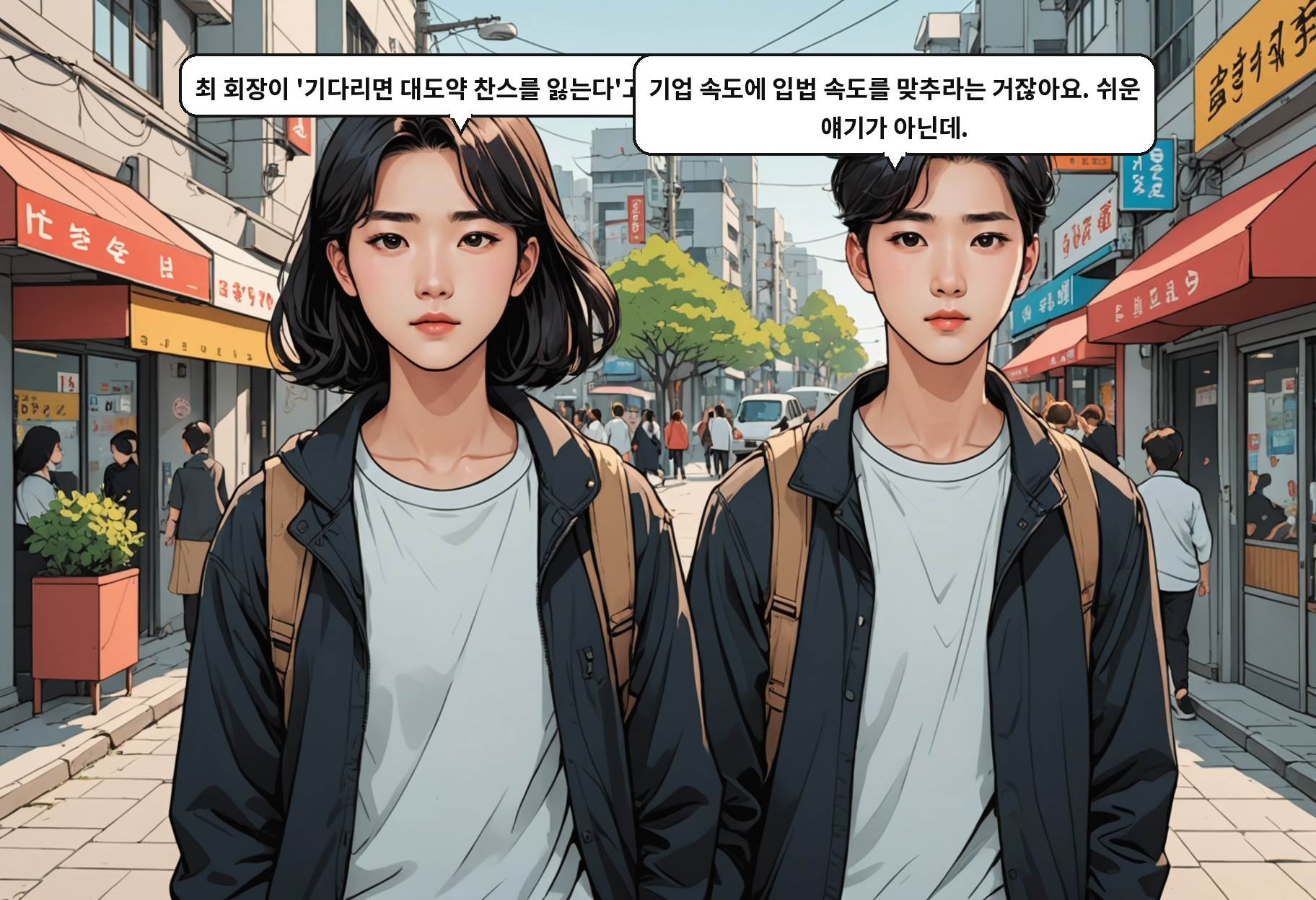 A: 최 회장이 '기다리면 대도약 찬스를 잃는다'고 했어요. B: 기업 속도에 입법 속도를 맞추라는 거잖아요. 쉬운 얘기가 아닌데.