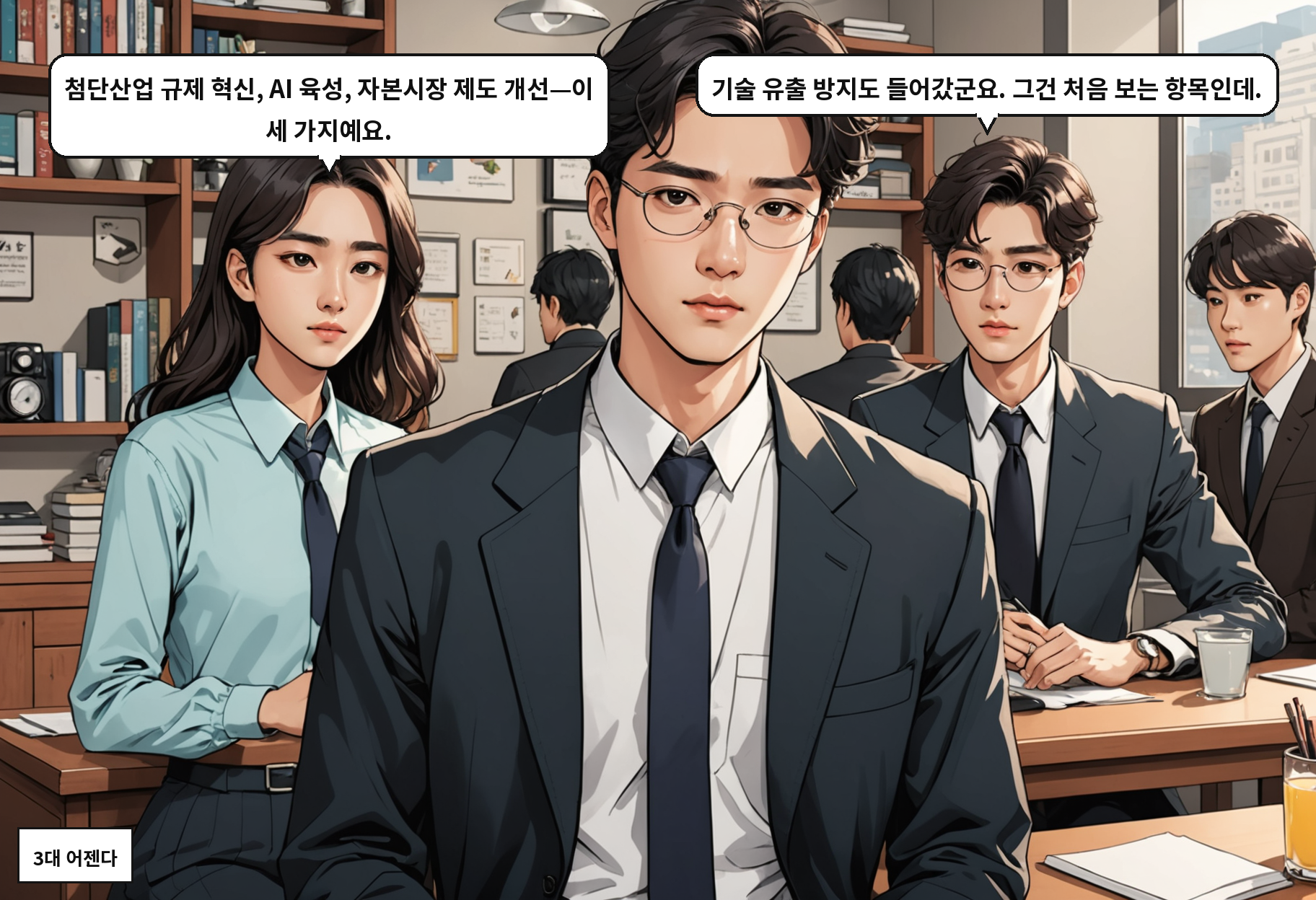 A: 첨단산업 규제 혁신, AI 육성, 자본시장 제도 개선—이 세 가지예요. B: 기술 유출 방지도 들어갔군요. 그건 처음 보는 항목인데.