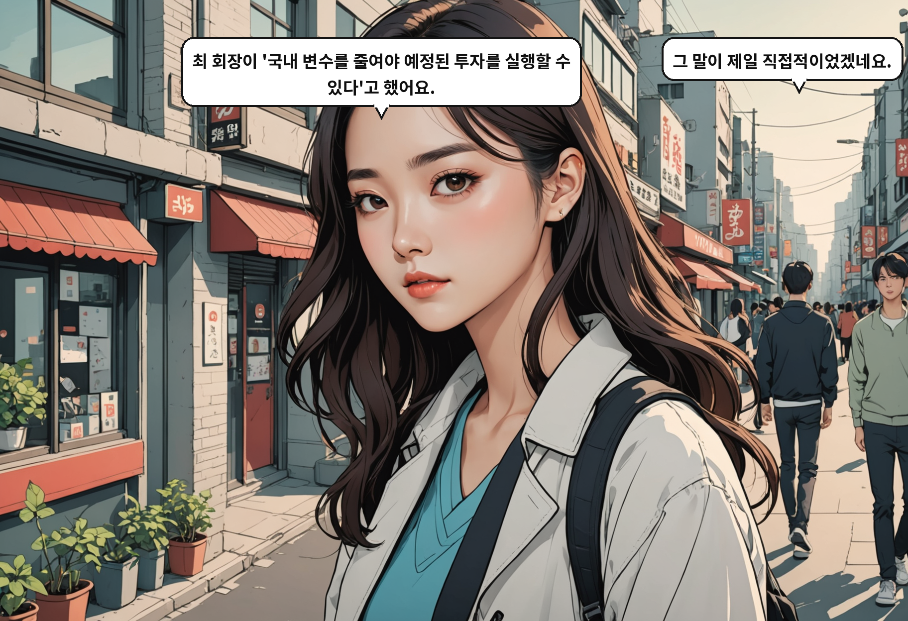 A: 최 회장이 '국내 변수를 줄여야 예정된 투자를 실행할 수 있다'고 했어요. B: 그 말이 제일 직접적이었겠네요.